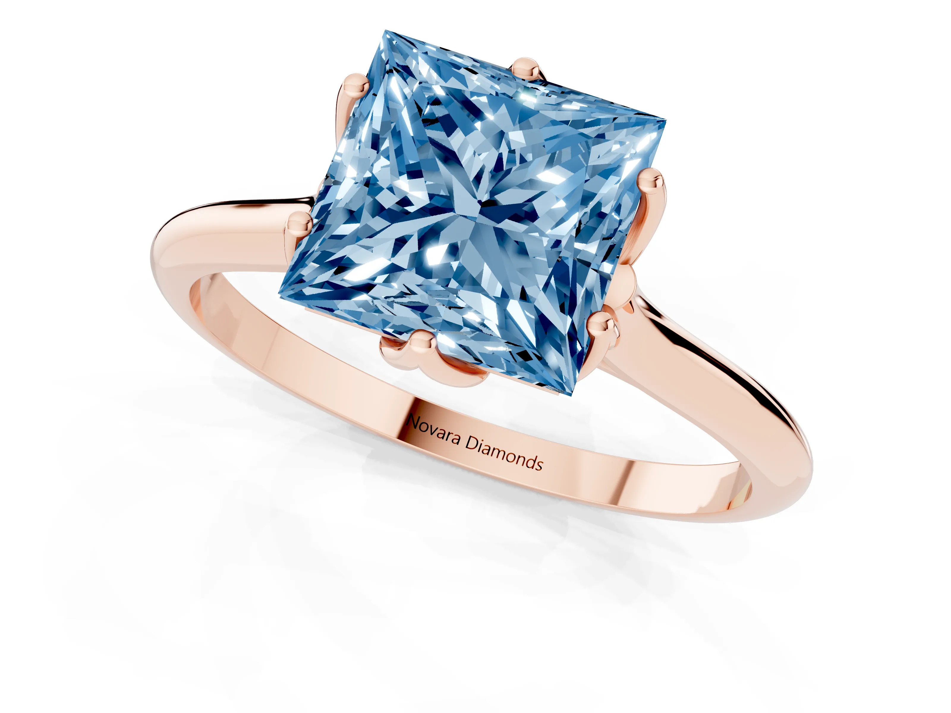 Fancy Blue Princess Cut Diamond Solitaire Cathedral Ring Set in Rose gold with Prong Setting