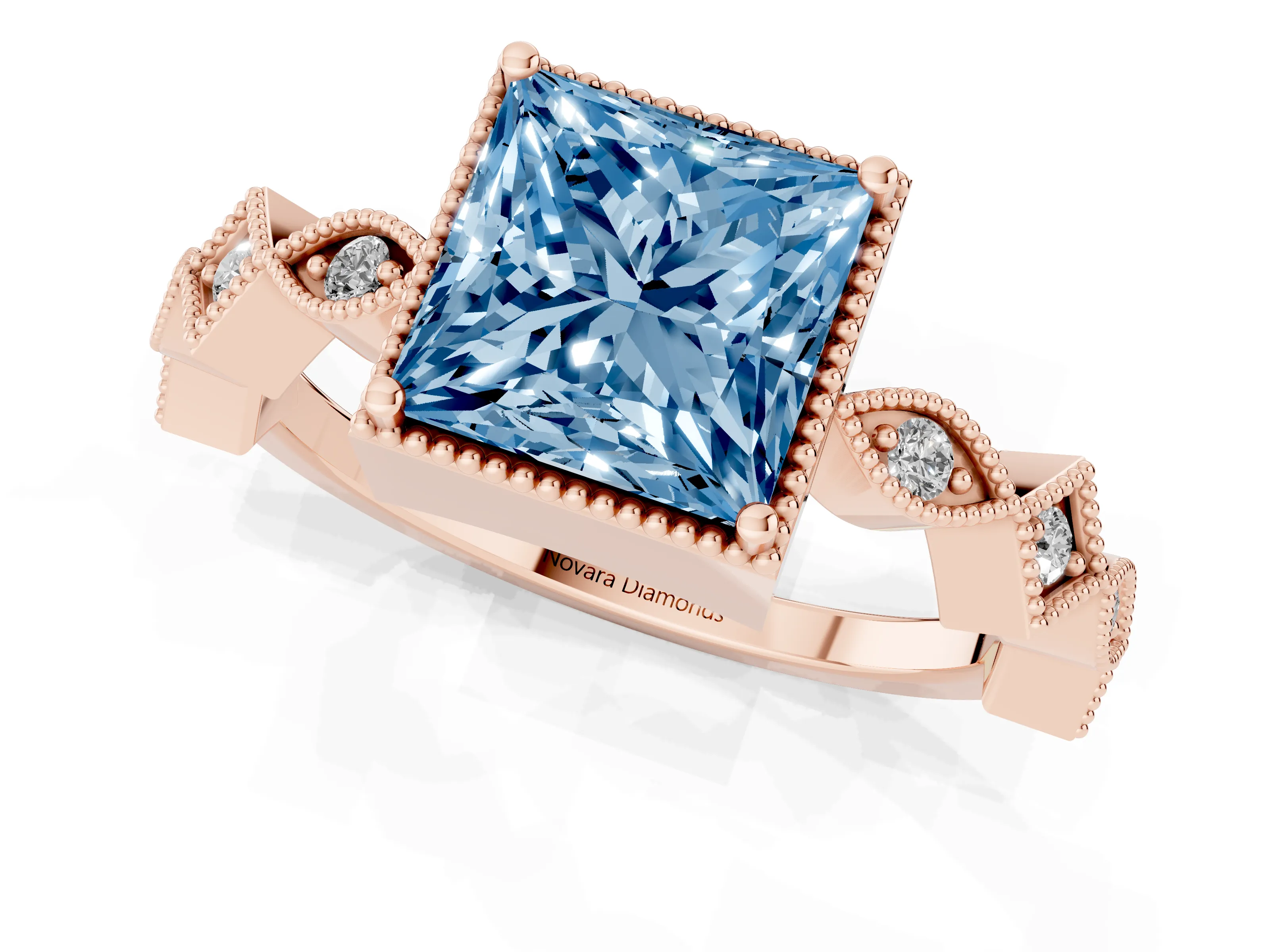 Fancy Blue Princess Cut Diamond Milgrain Marquise Twist Band Ring Set in Rose gold with Prong Setting