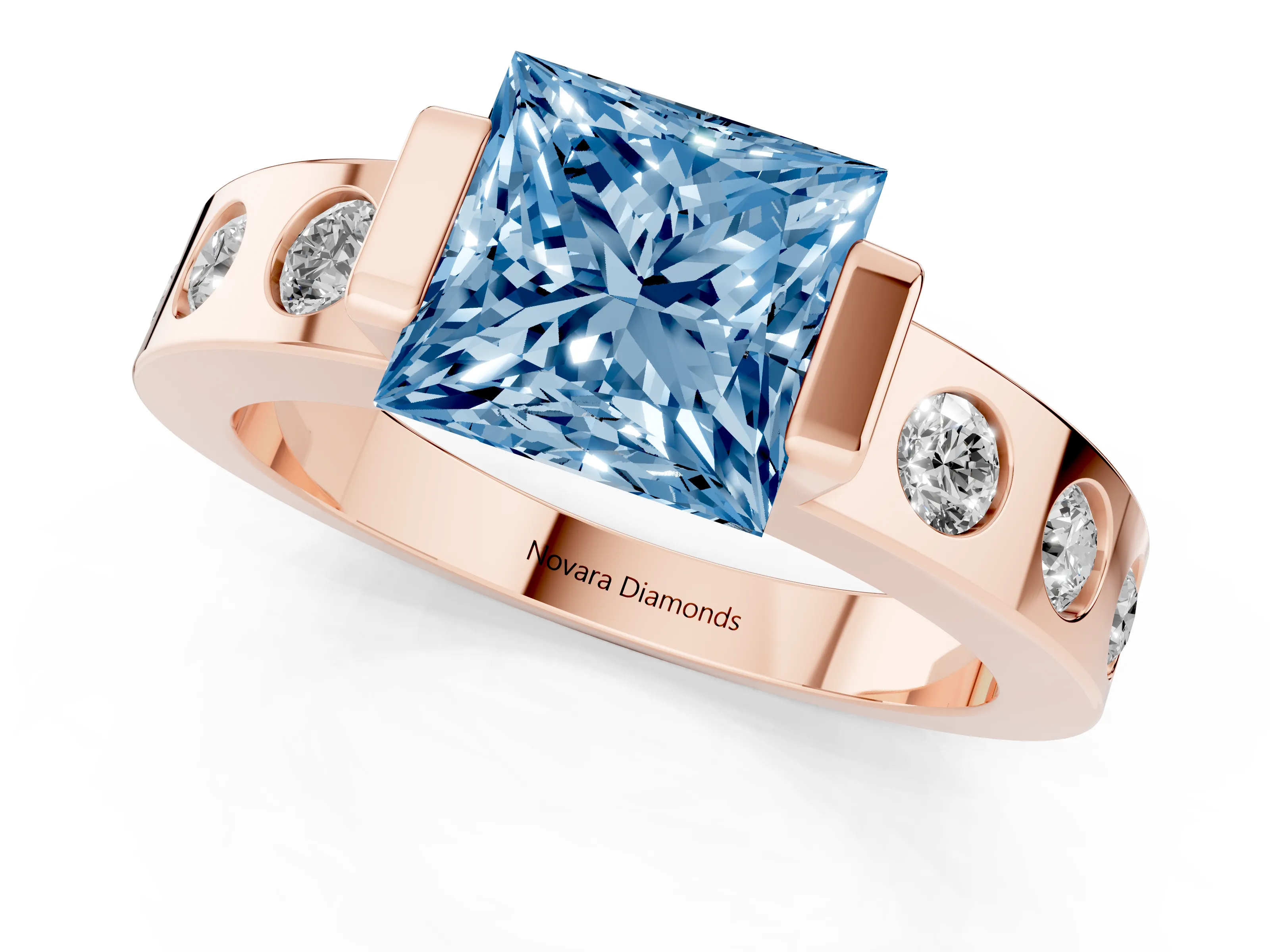 Fancy Blue Princess Cut Diamond Channel-Set Band Ring Set in Rose gold with Bezel Prong Setting