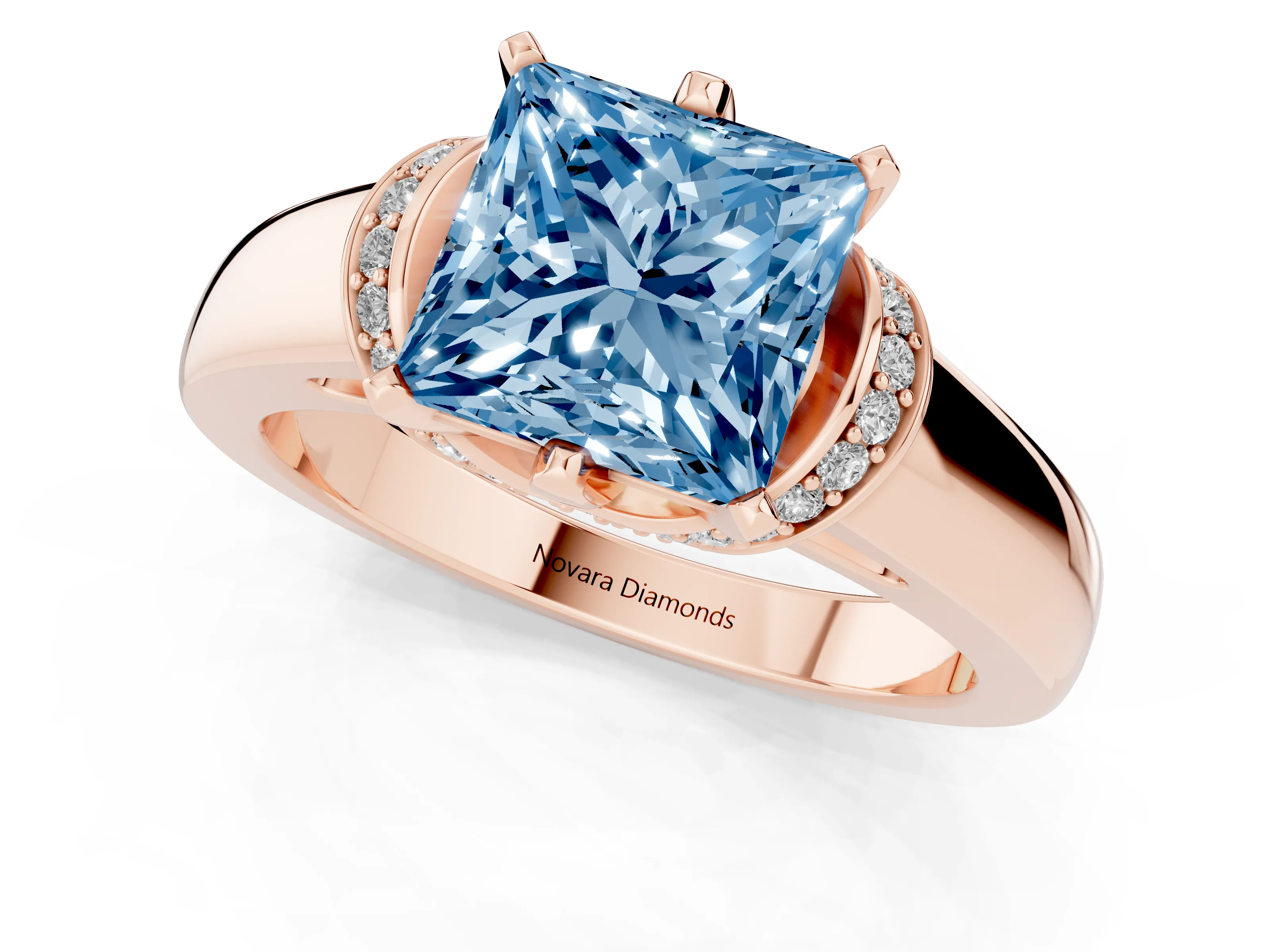 Fancy Blue Princess Cut Diamond Pavé Band Solitaire Ring Set in Rose gold with Prong Setting