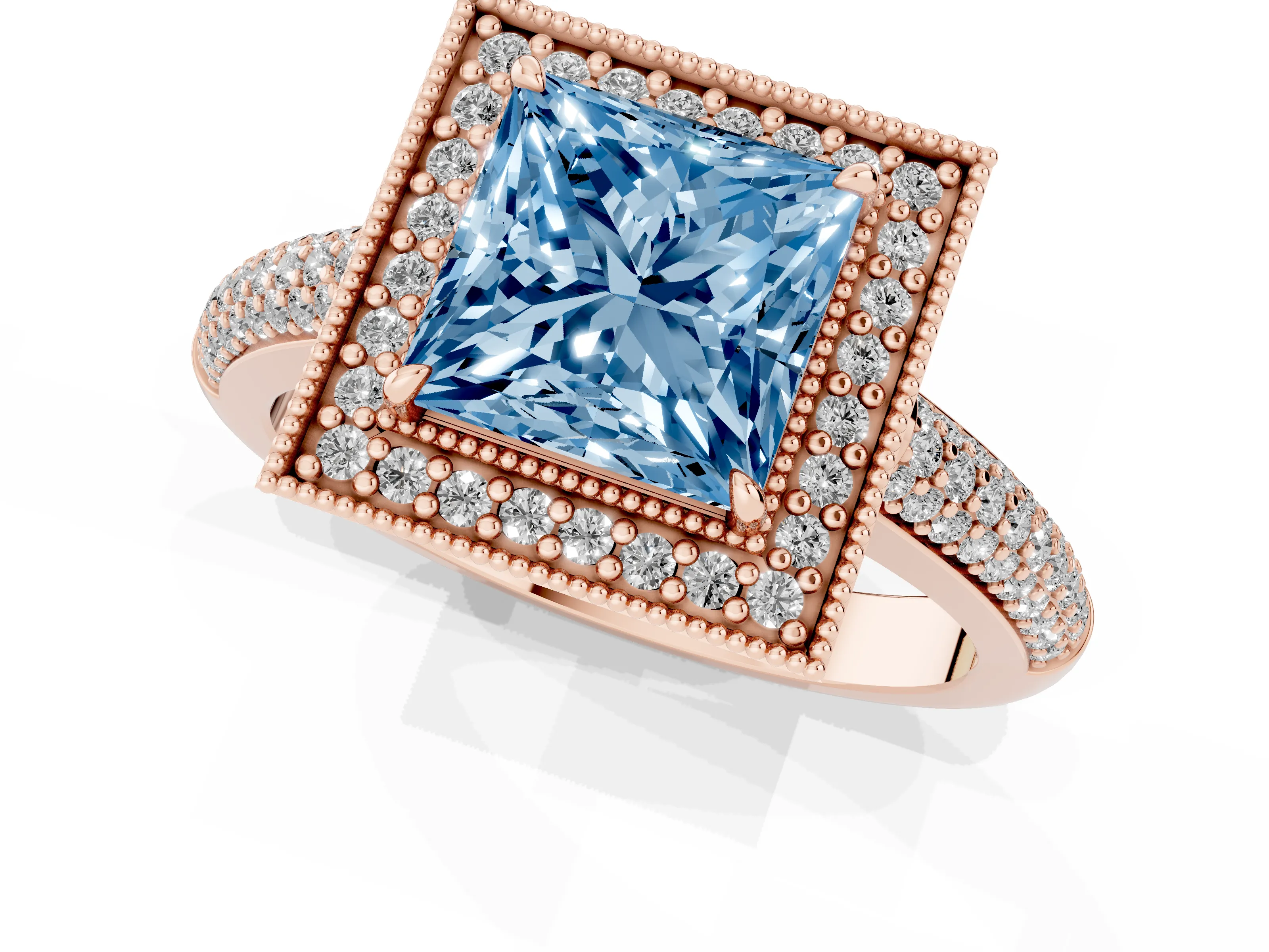 Fancy Blue Princess Cut Diamond Halo Pavé Band Set in Rose gold with Prong Setting