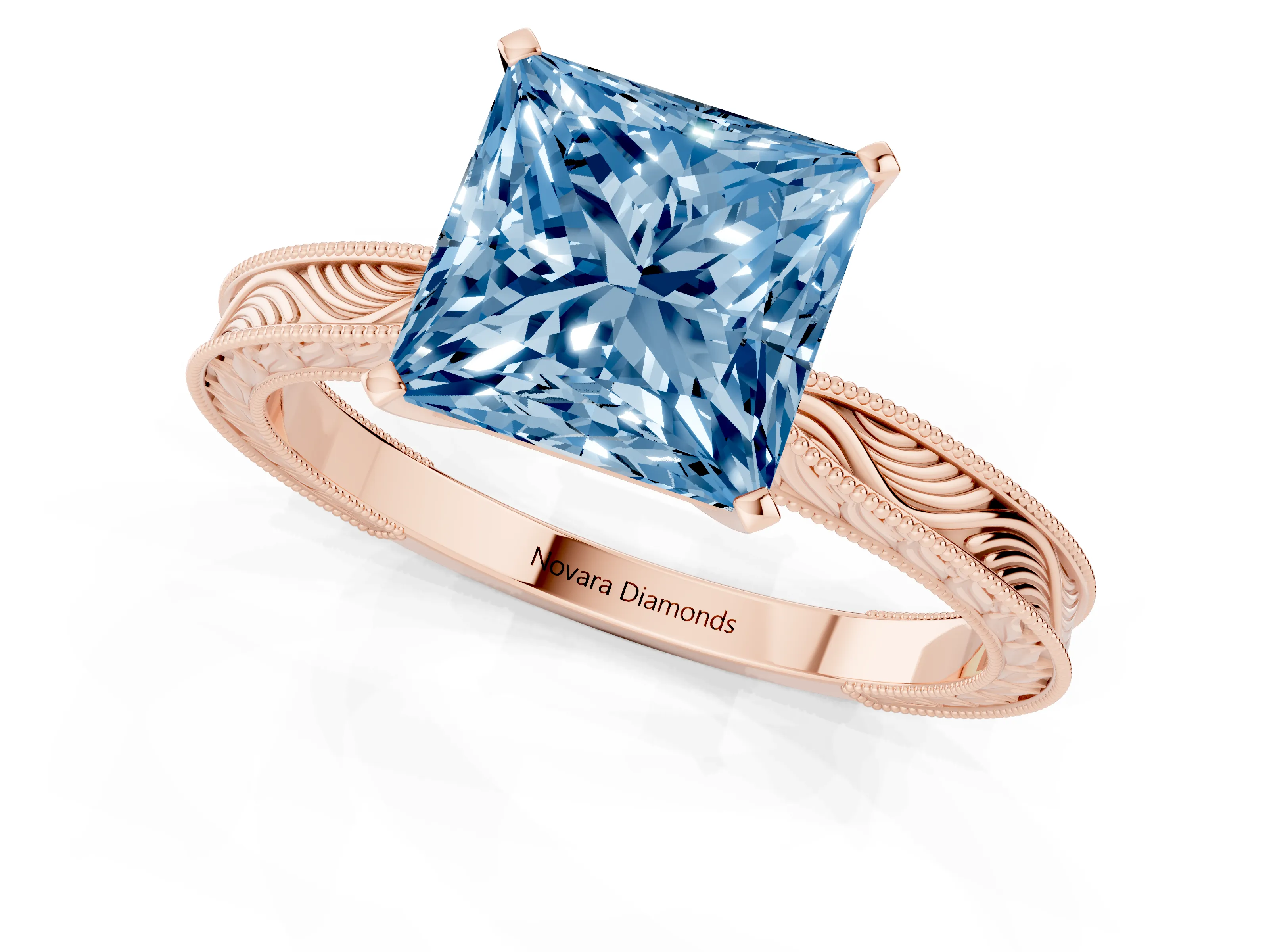 Fancy Blue Princess Cut Diamond Solitaire Milgrain Engraved Band Set in Rose gold with Prong Setting