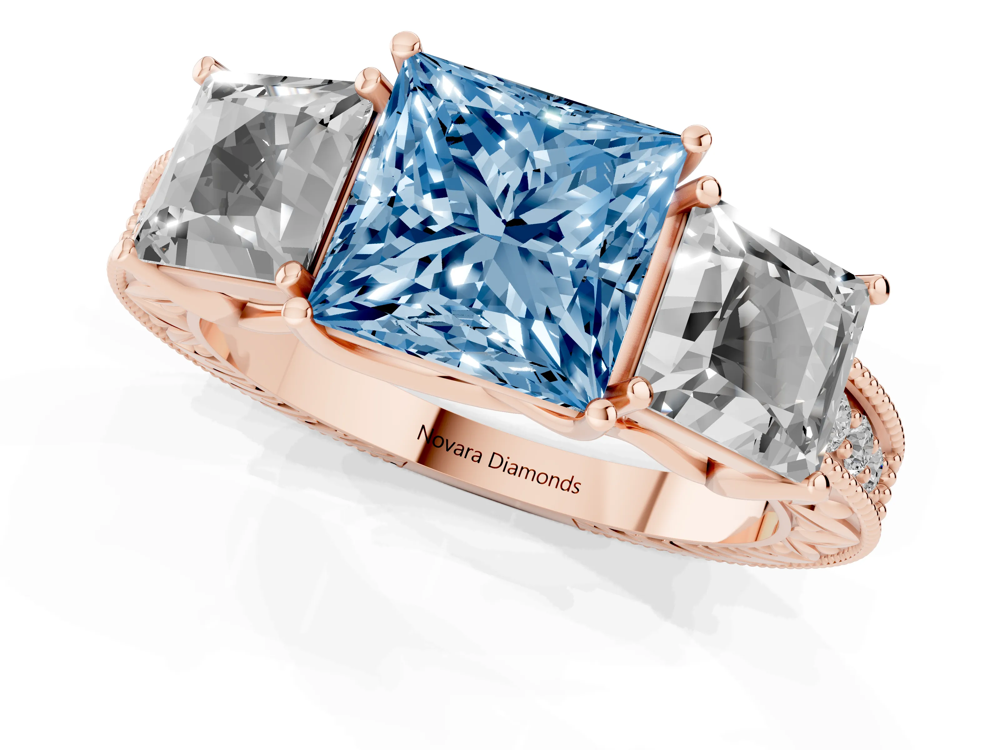 Fancy Blue Princess Cut Diamond Three-Stone Engagement Ring Set in Rose gold with Milgrain Pavé Band