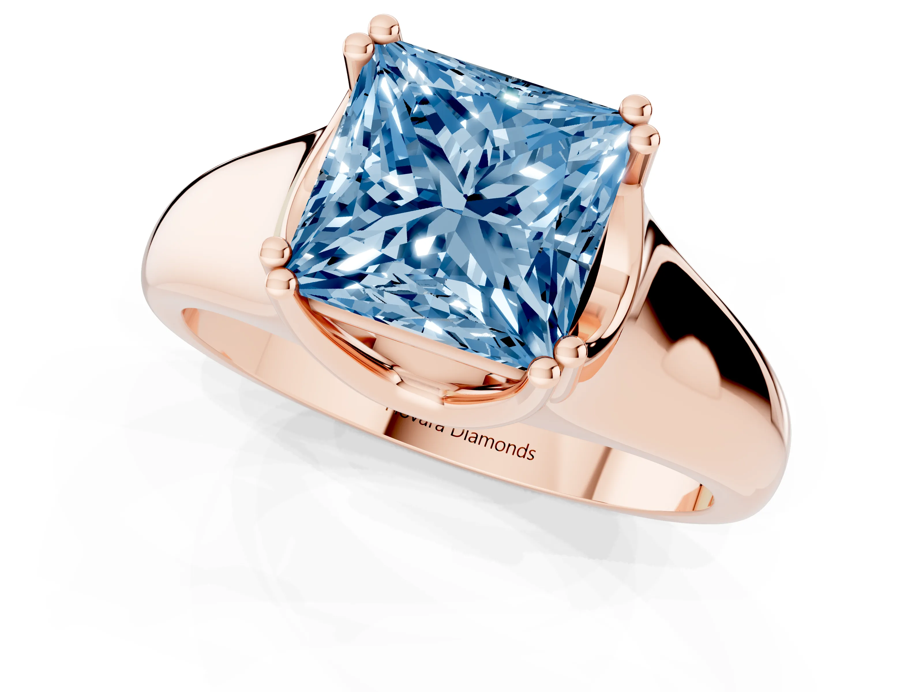 Fancy Blue Princess Cut Diamond Solitaire Ring Set in Rose gold with Wide Band and Prong Setting