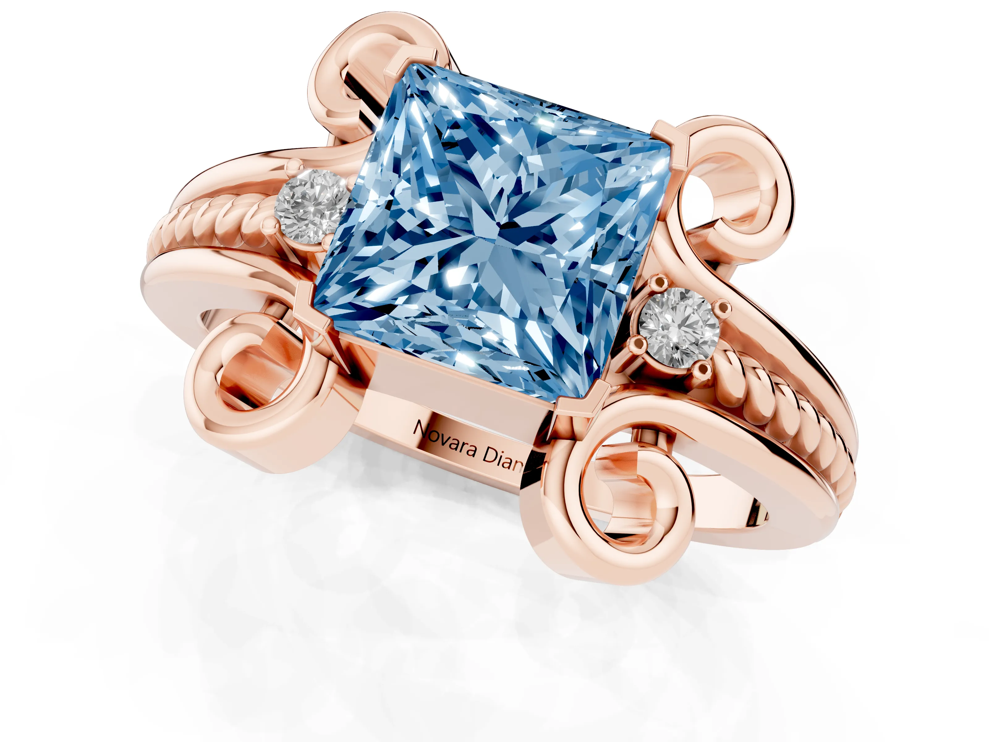 Fancy Blue Princess Cut Diamond Twisted Band Solitaire Ring Set in Rose gold with Scroll Prongs