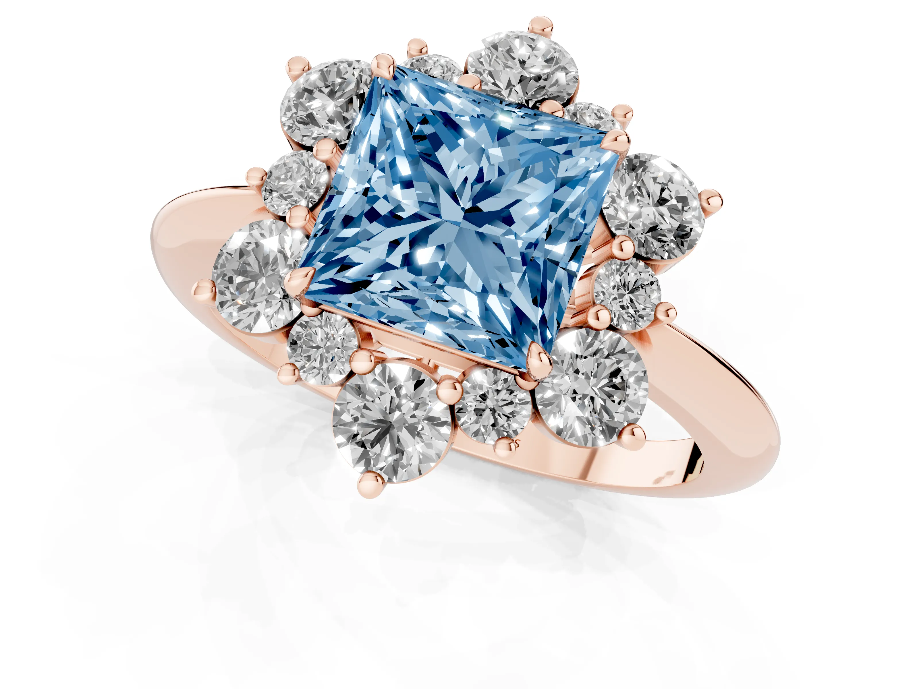 Fancy Blue Princess Cut Diamond Cluster Halo Ring Set in Rose gold with Solitaire Band and Prong Setting