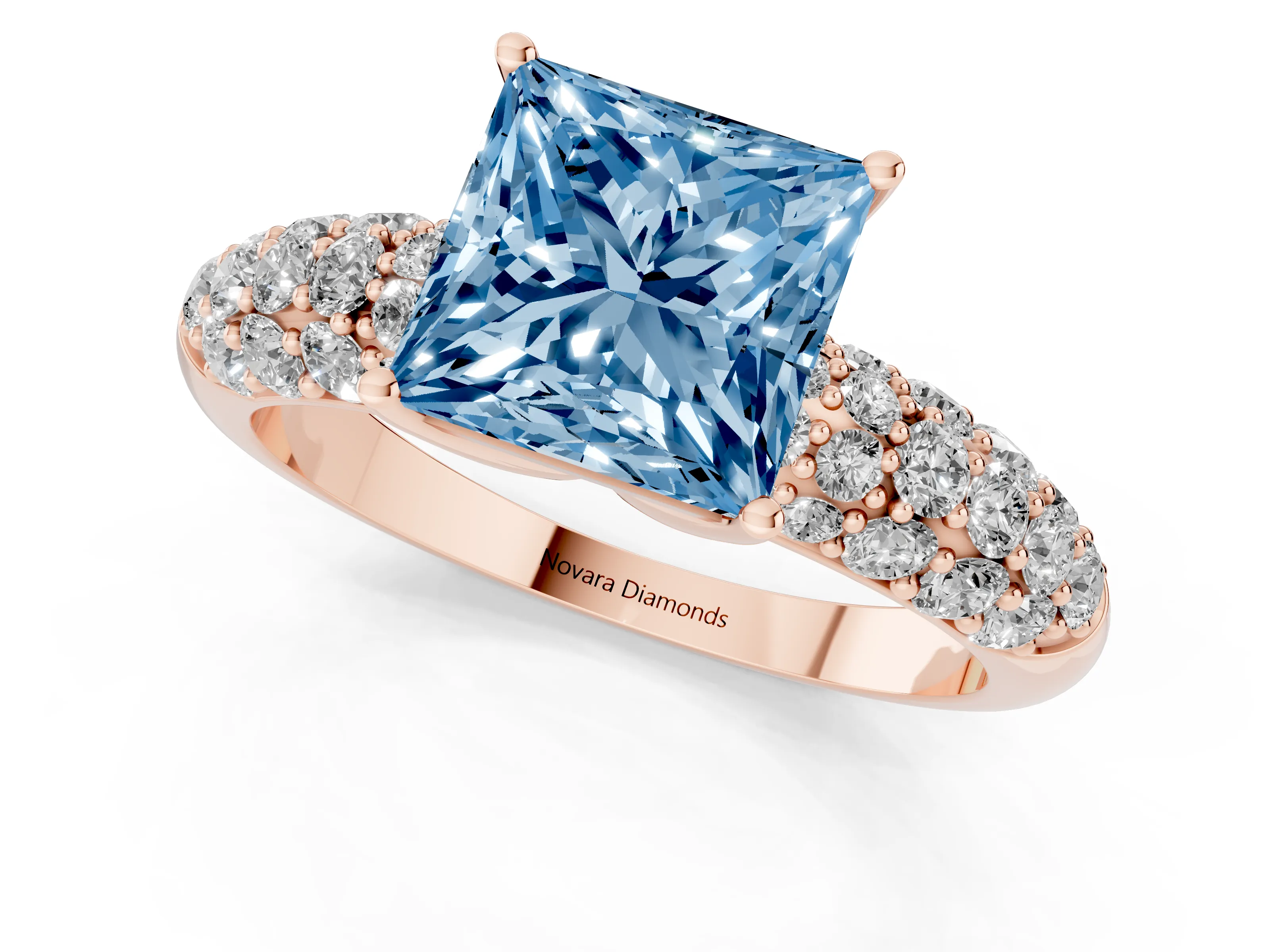 Fancy Blue Princess Cut Diamond Pavé Band Solitaire Ring Set in Rose gold with Close-Set Accent Stones and Prong Setting
