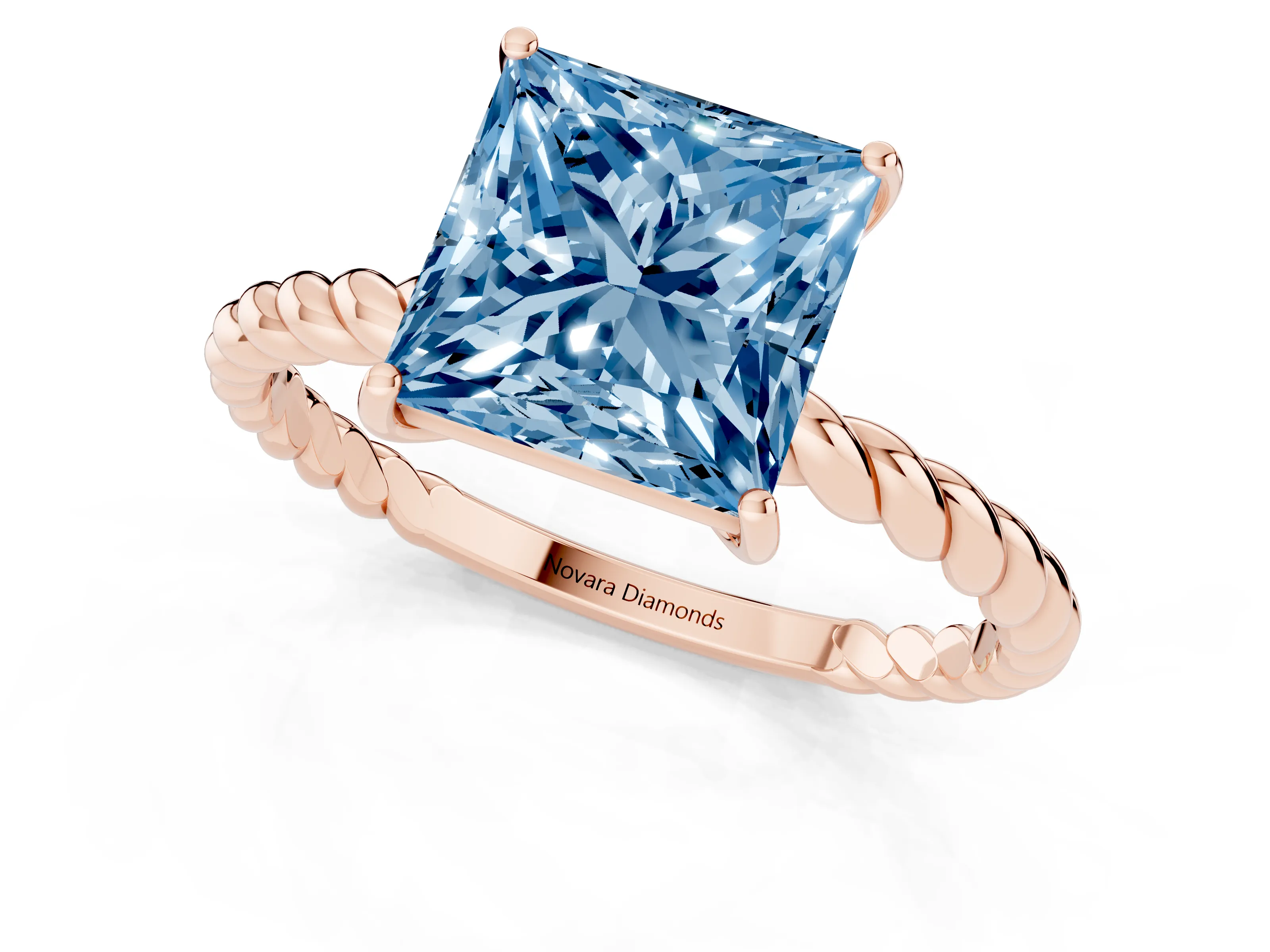 Fancy Blue Princess Cut Diamond Solitaire Ring Set in Rose gold with Twist Band and Prong Setting