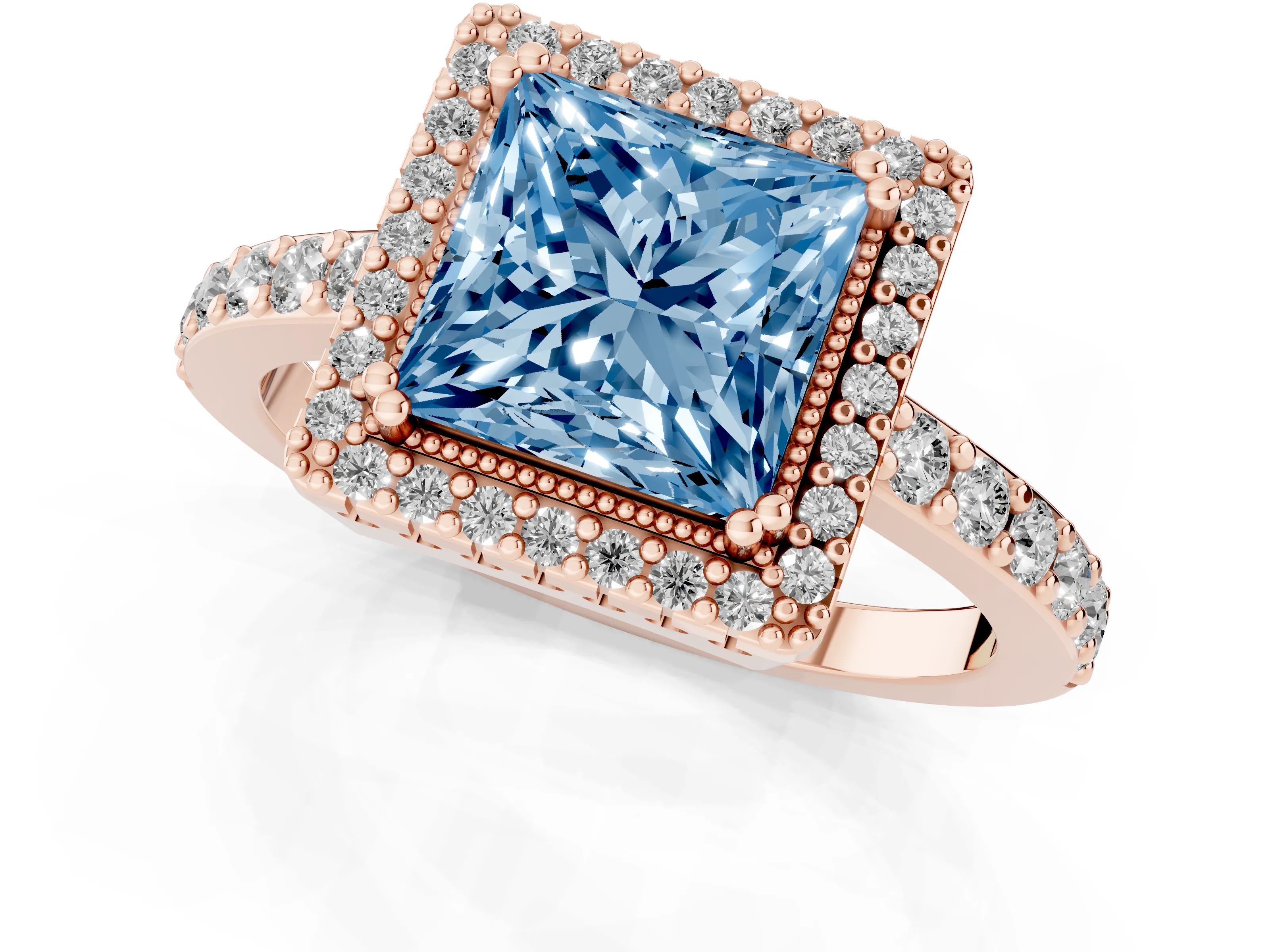 Fancy Blue Princess Cut Diamond Halo Engagement Ring Set in Rose gold with Milgrain Detail and Pavé Band