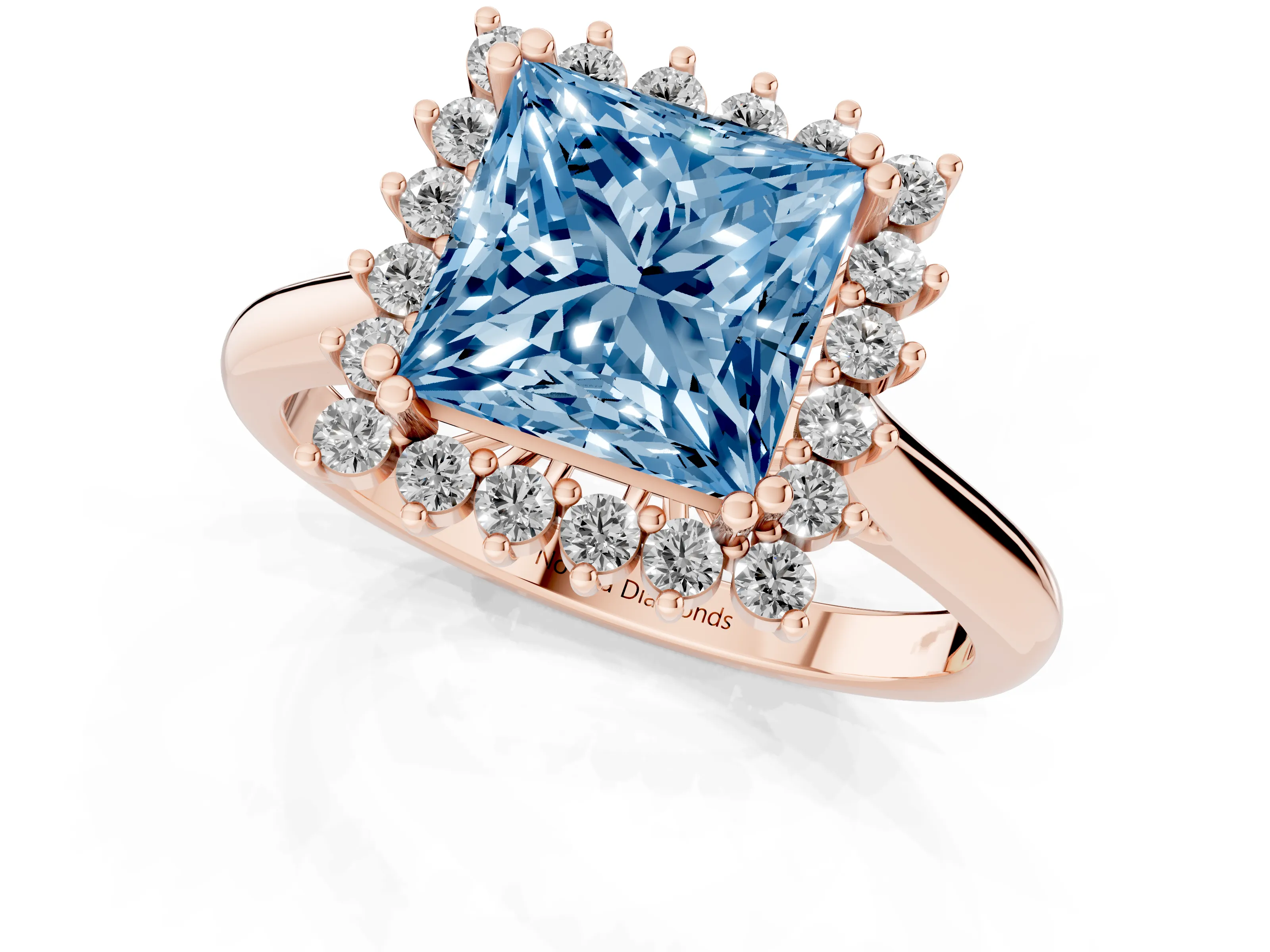 Fancy Blue Princess Cut Diamond Halo Ring Set in Rose gold with Plain Solitaire Band and Prong Setting