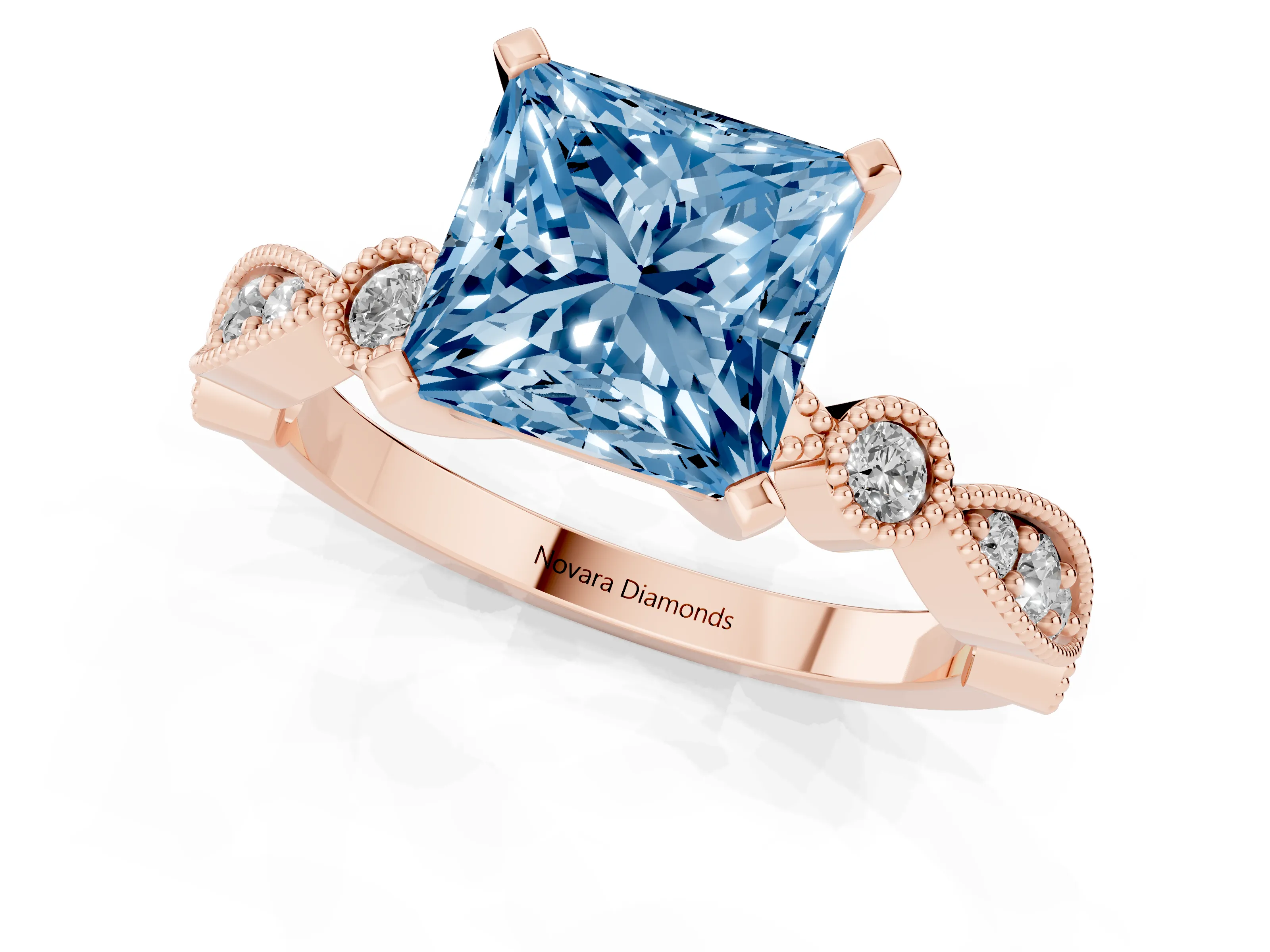 Fancy Blue Princess Cut Diamond Solitaire Engagement Ring Set in Rose gold with Milgrain Bezel Accent Band
