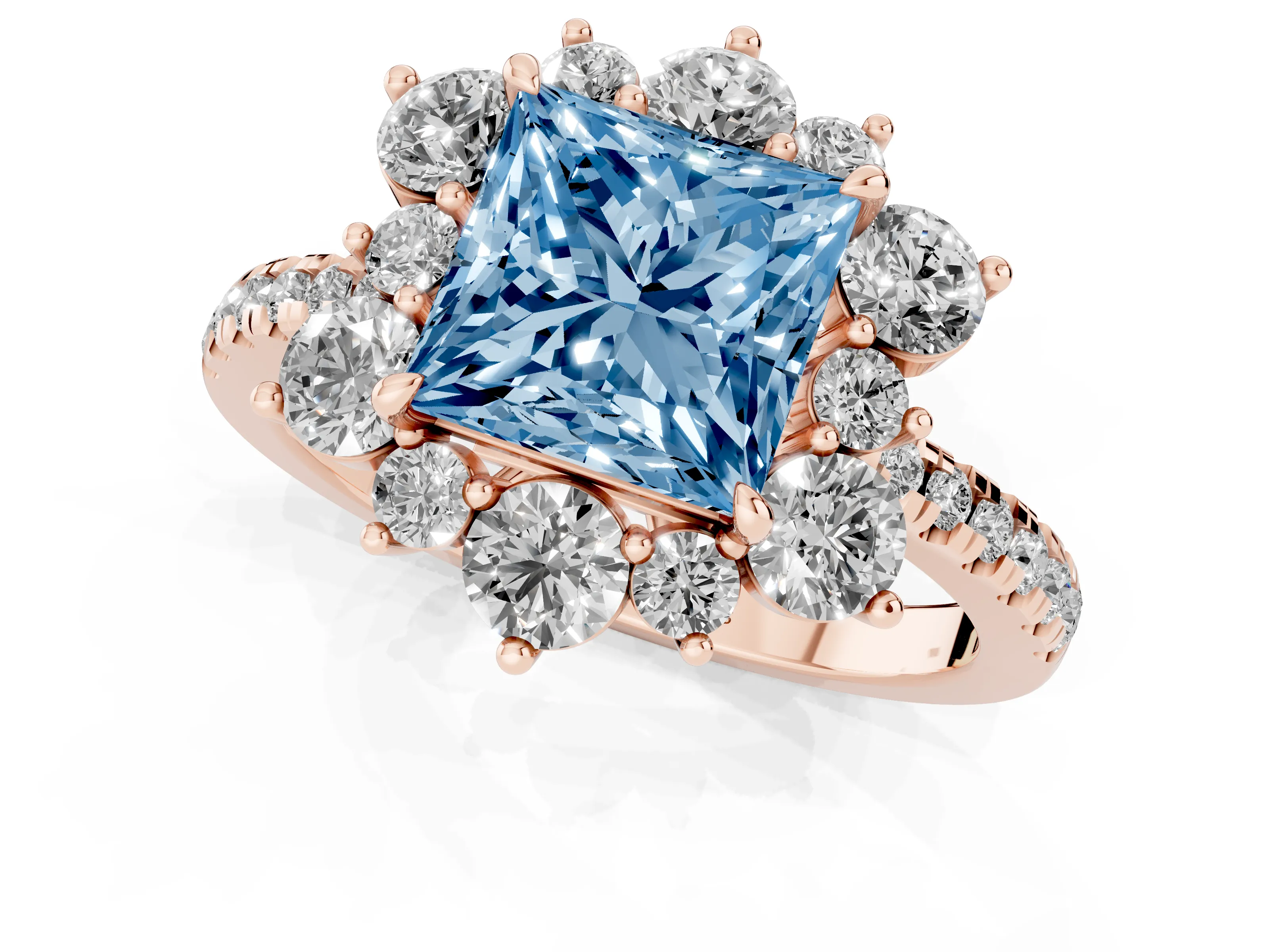 Fancy Blue Princess Cut Diamond Floral Halo Ring Set in Rose gold with Round Pavé Band and Prong Setting