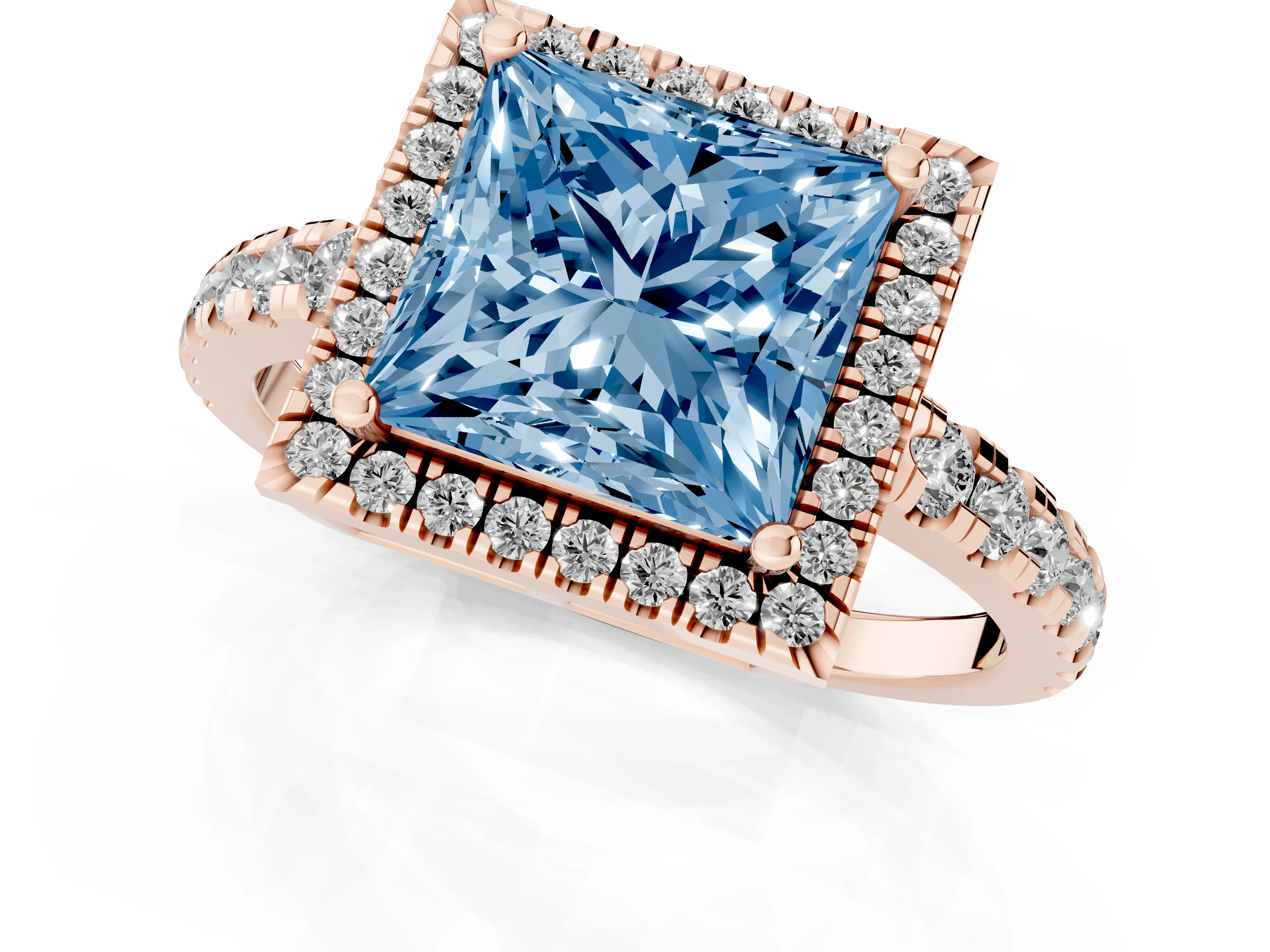 Fancy Blue Princess Cut Diamond Halo Ring Set in Rose gold with Delicate Pavé Band and Prong Setting