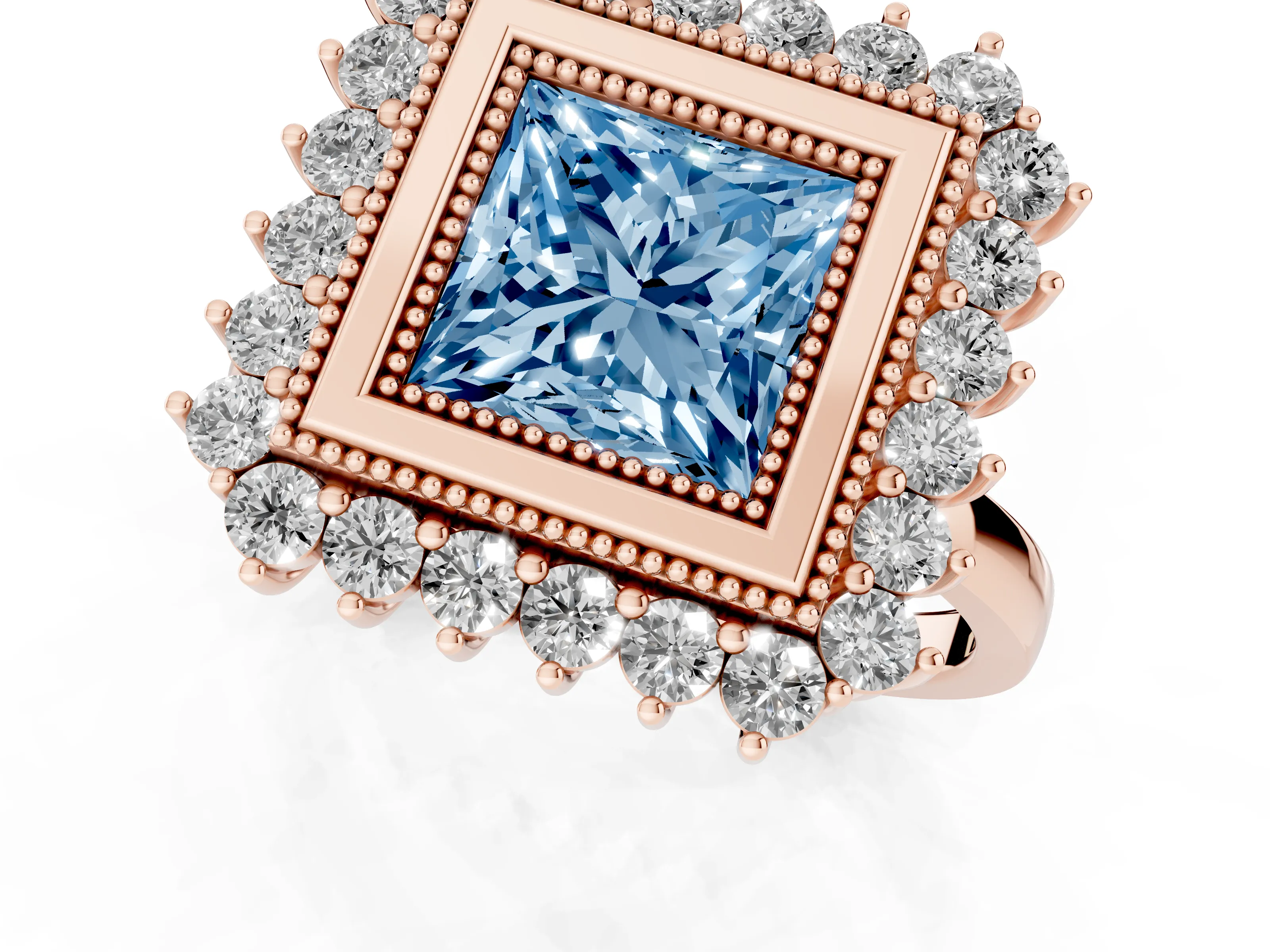 Fancy Blue Princess Cut Diamond Halo Ring Set in Rose gold with Milgrain Edge and Round Prong Setting