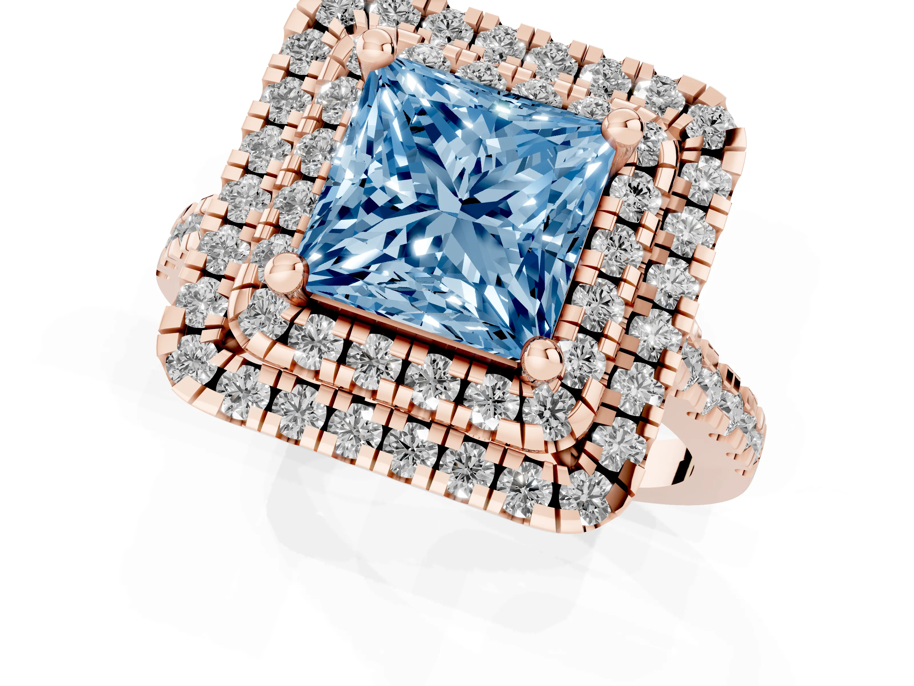 Fancy Blue Princess Cut Diamond Double Halo Statement Ring Set in Rose gold with Pavé Band
