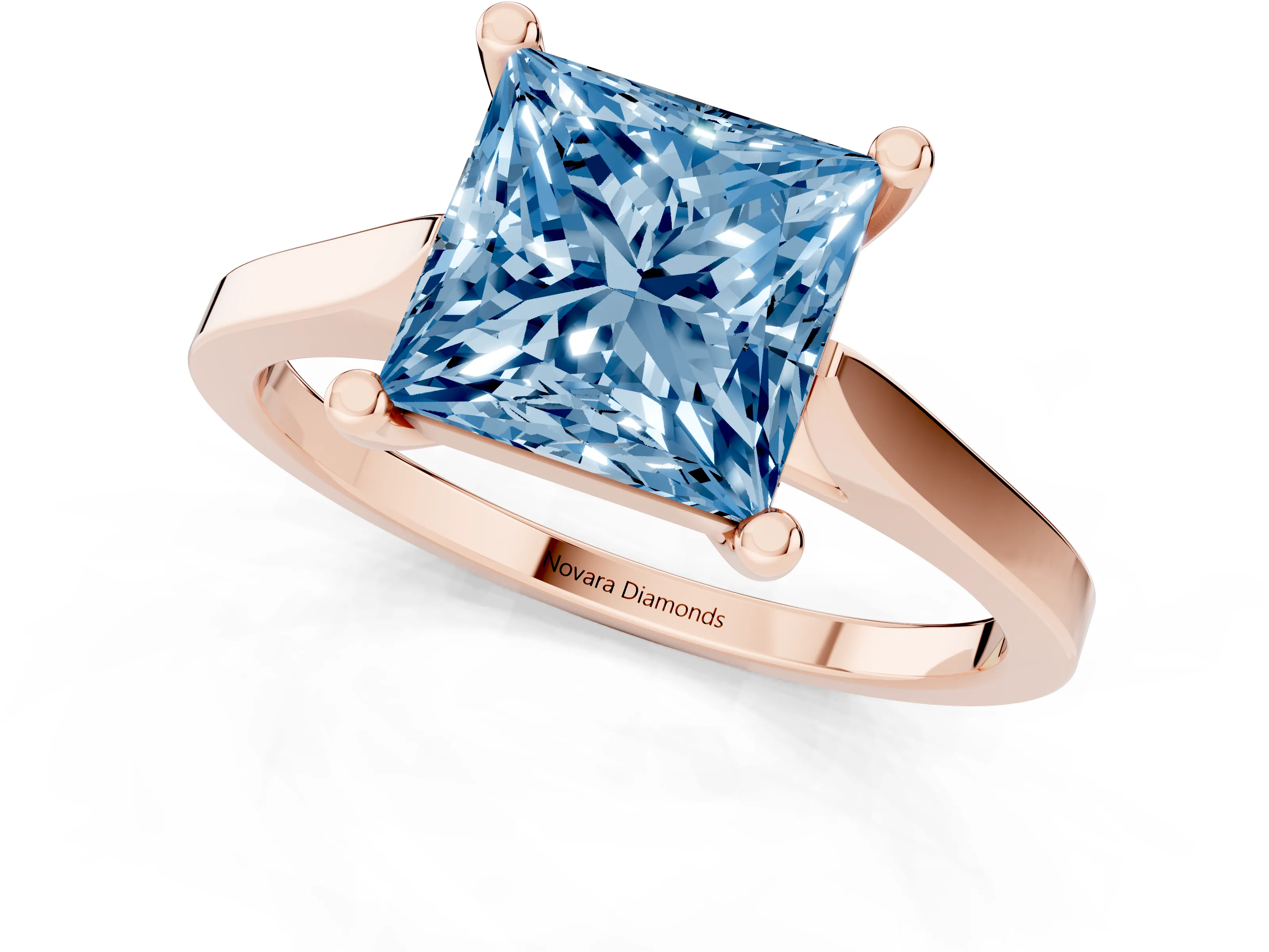 Fancy Blue Princess Cut Diamond Solitaire Ring Set in Rose gold with Prong Setting and Tapered Band