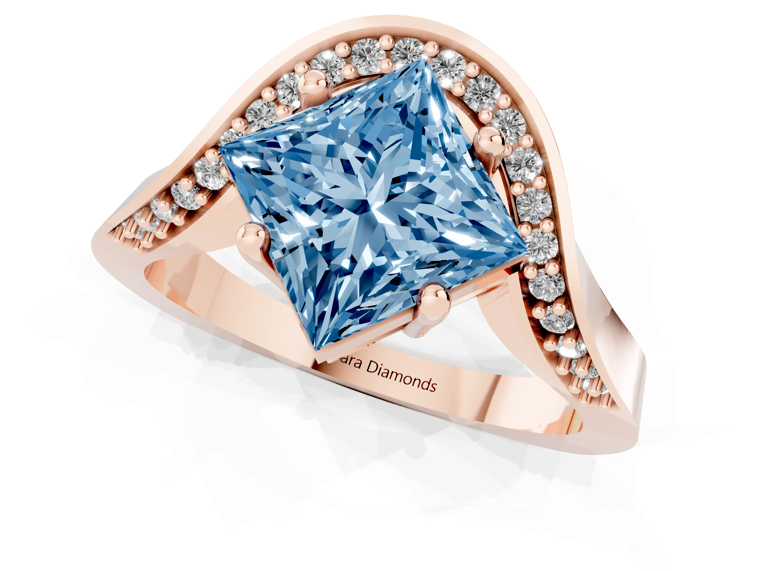 Fancy Blue Princess Cut Diamond Solitaire Engagement Ring Set in Rose gold with Pavé Shoulders