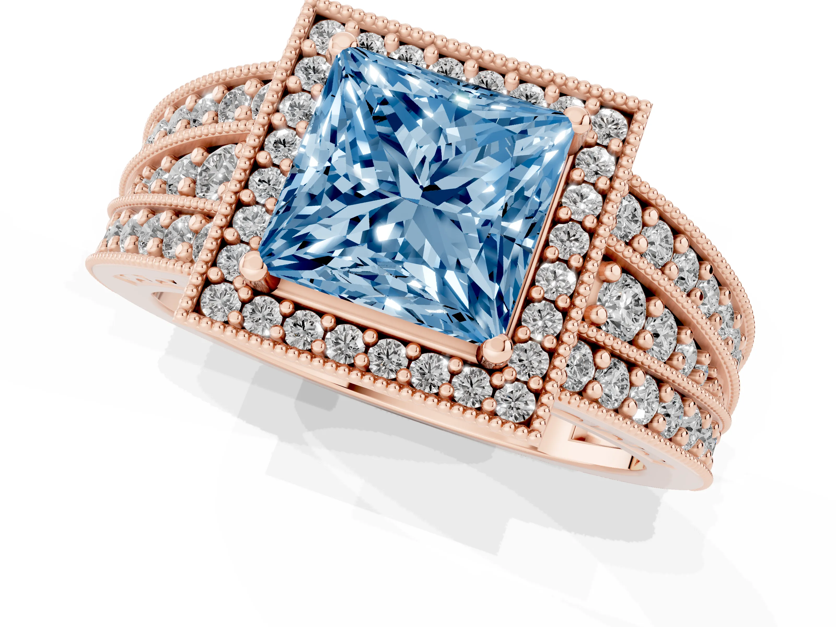 Fancy Blue Princess Cut Diamond Halo Ring Set in Rose gold with Accent Split Shank and Prong Setting