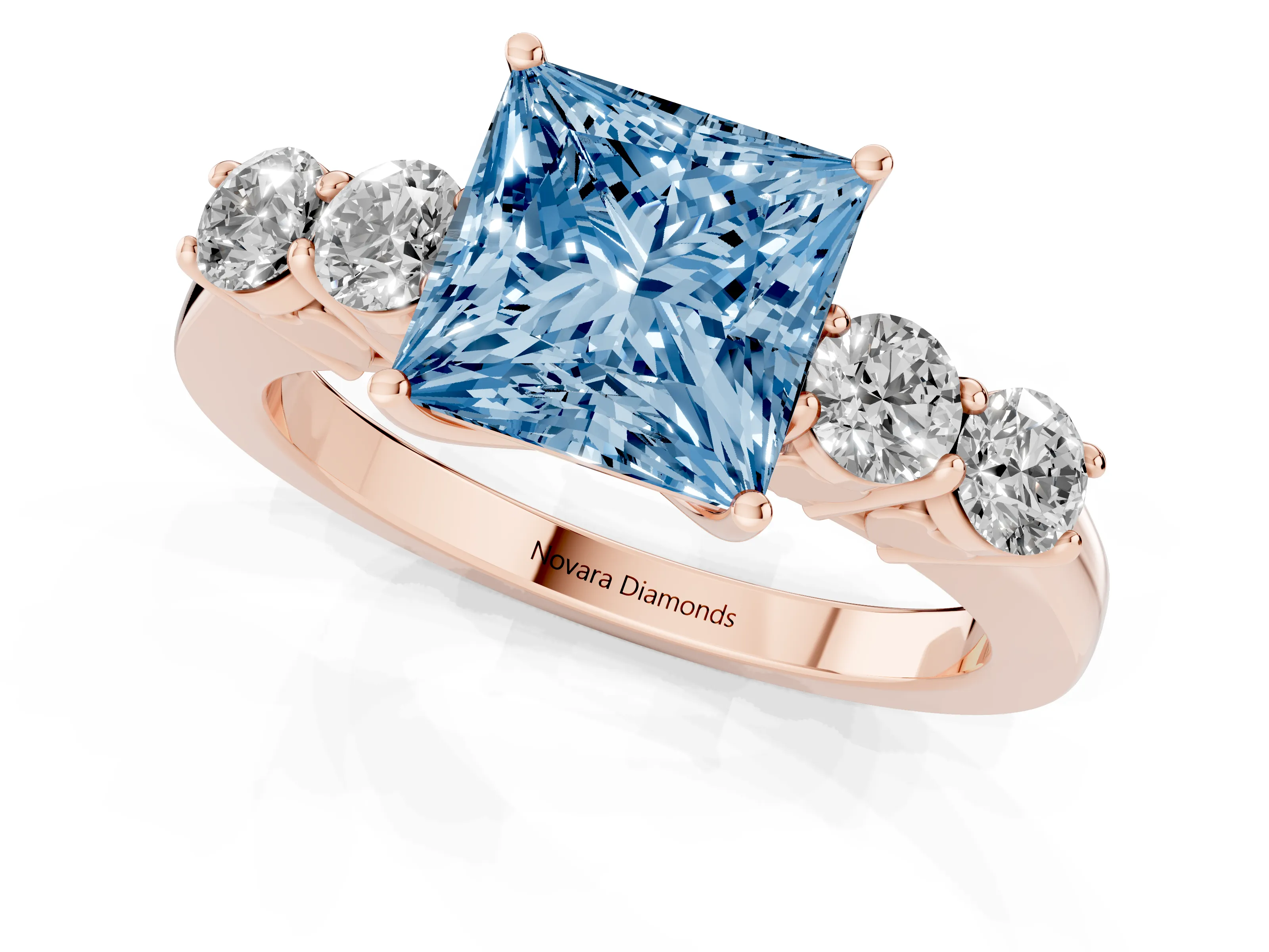 Fancy Blue Princess Cut Diamond Five-Stone Prong Set Band Ring Set in Rose gold with Polished Band