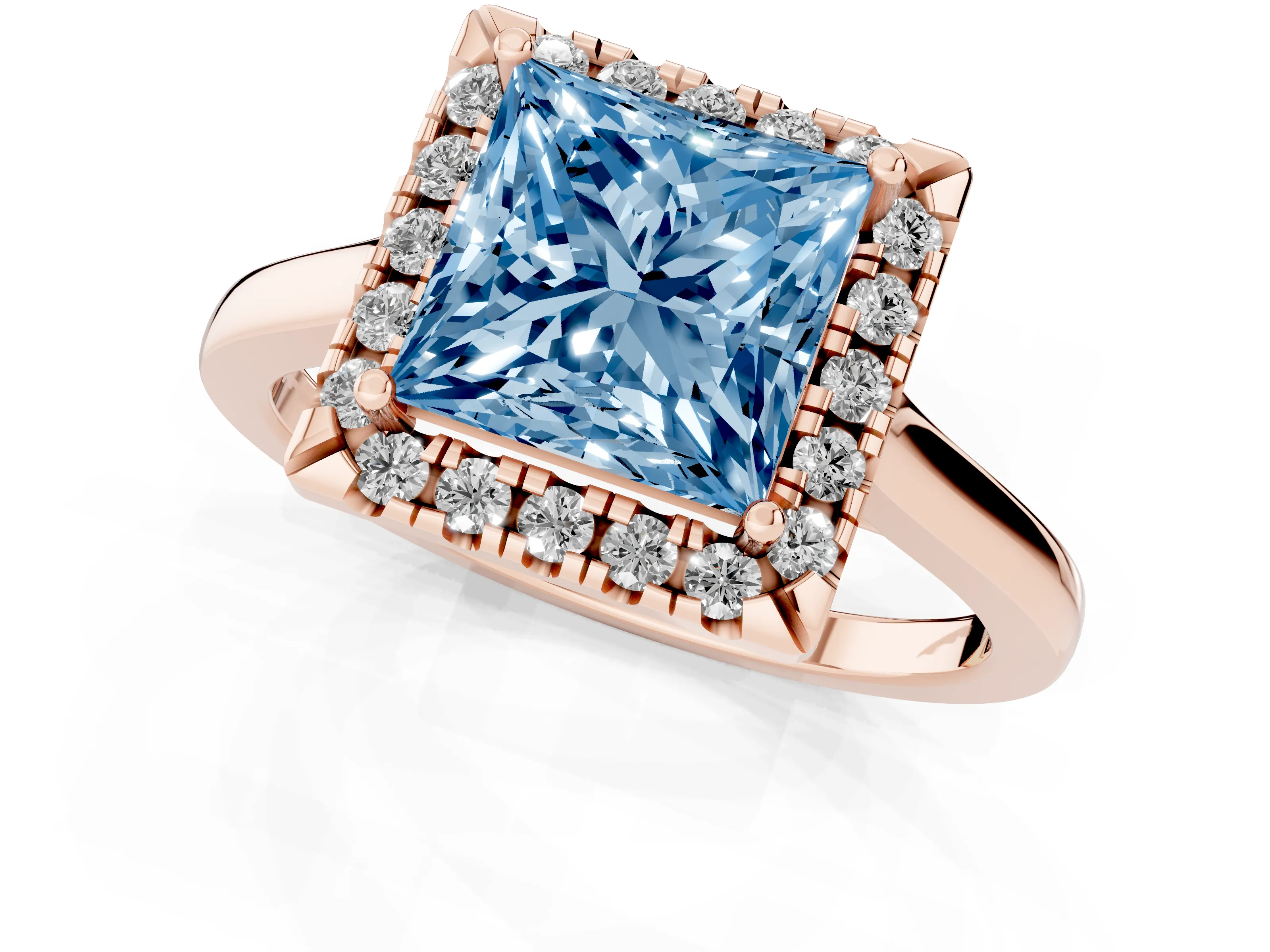 Fancy Blue Princess Cut Halo Round Diamond Solitaire Ring Set in Rose gold with Pavé Band and Prong Setting