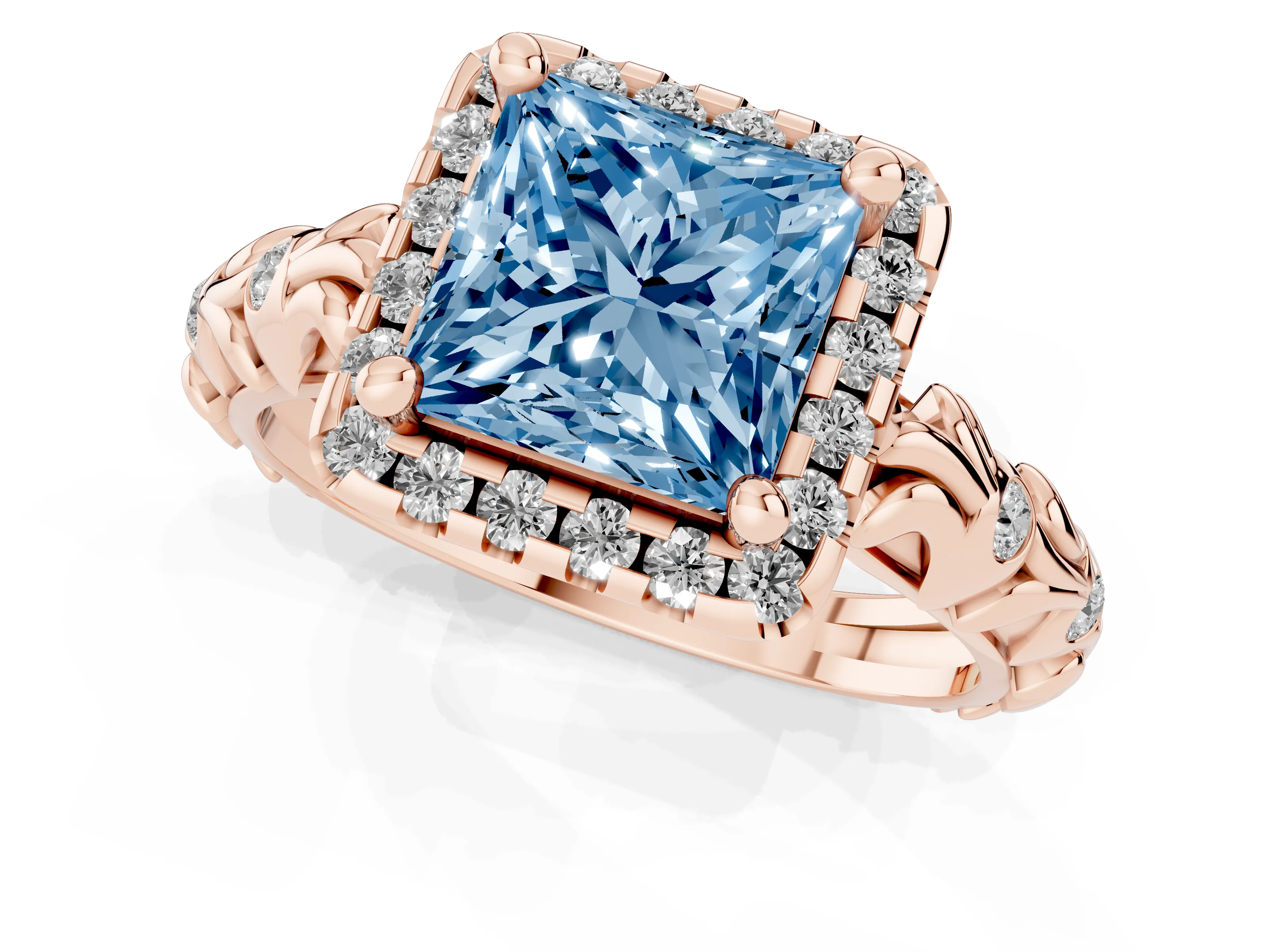 Fancy Blue Princess Cut Diamond Halo Ring Set in Rose gold with Filigree Leaf Band and Prong Setting