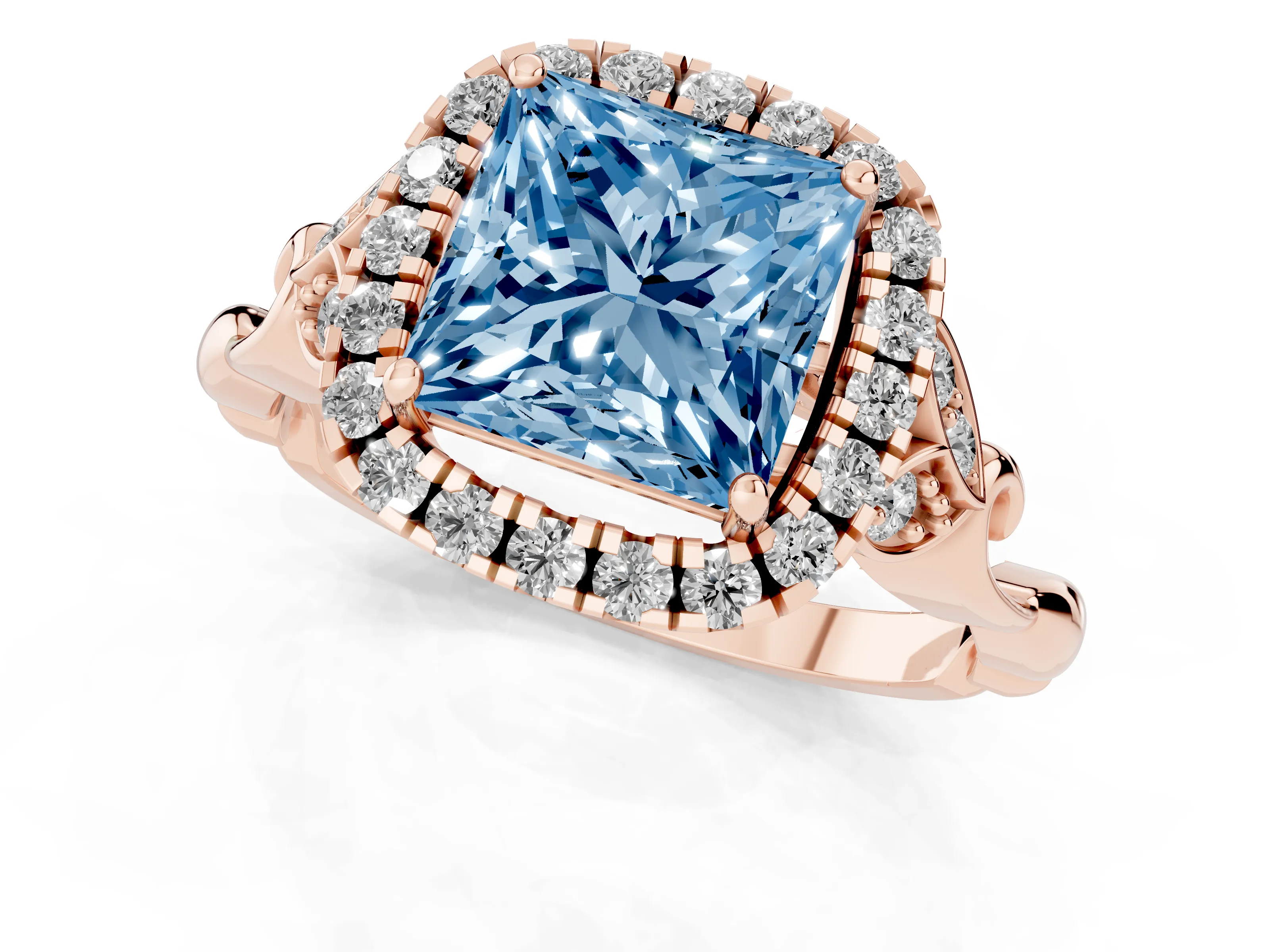 Fancy Blue Princess Cut Diamond Halo Engagement Ring Set in Rose gold with Vintage-Inspired Band and Prong Setting
