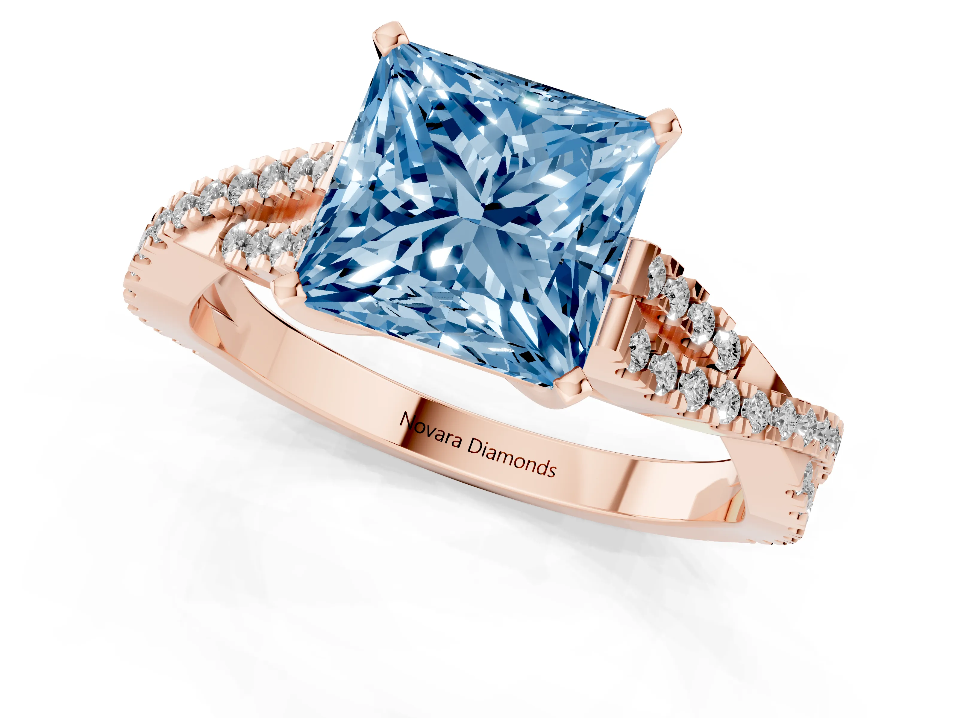 Fancy Blue Princess Cut Diamond Solitaire Engagement Ring Set in Rose gold with Twisted Pavé Band and Prong Setting