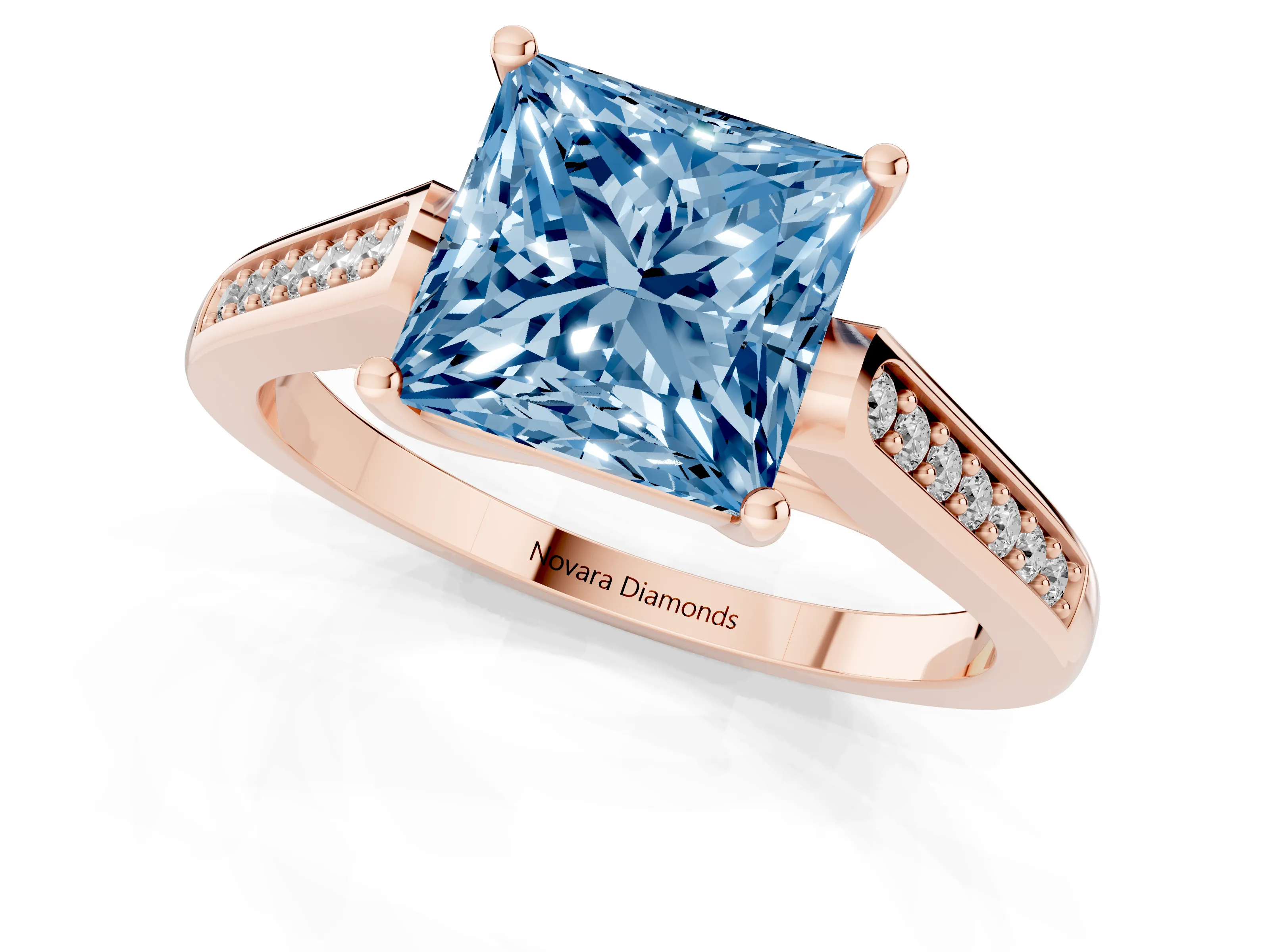 Fancy Blue Princess Cut Diamond Solitaire Cathedral Engagement Ring Set in Rose gold with Channel-Set Band and Prong Setting
