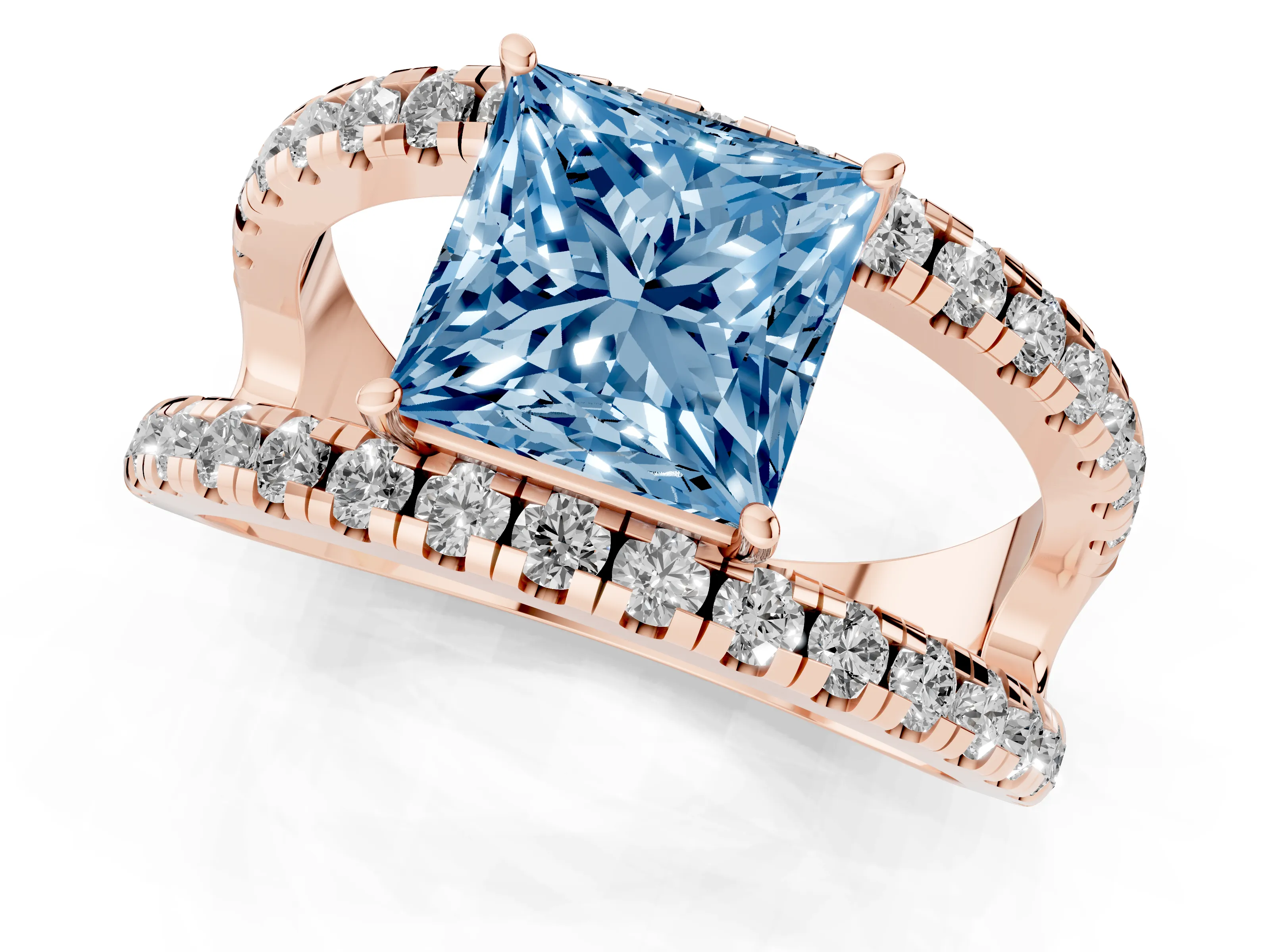 Fancy Blue Princess Cut Diamond Split Shank Pavé Solitaire Ring Set in Rose gold with Open Shank Design