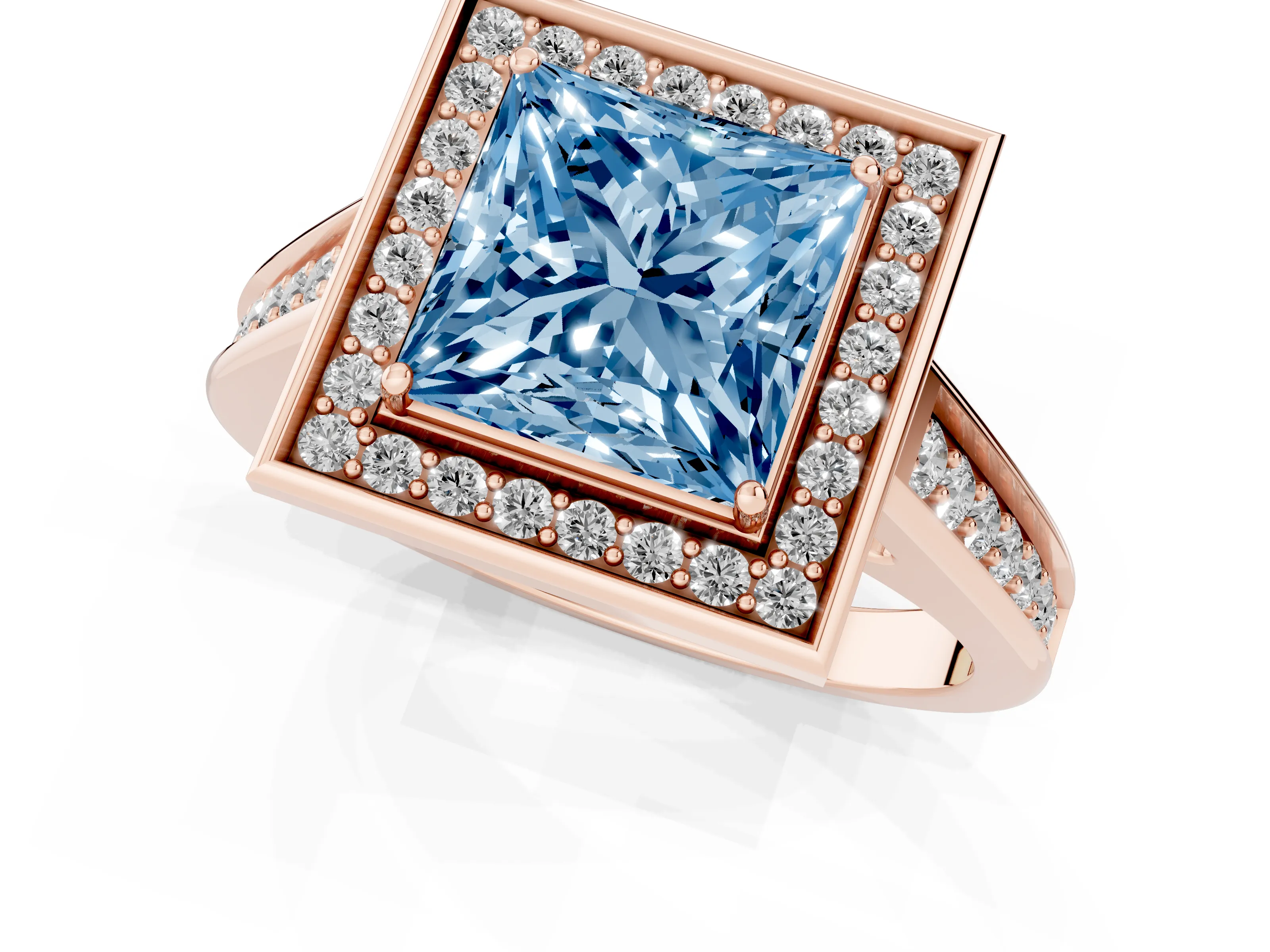 Fancy Blue Princess Cut Diamond Halo Solitaire Ring Set in Rose gold with Pavé Band and Bezel Setting