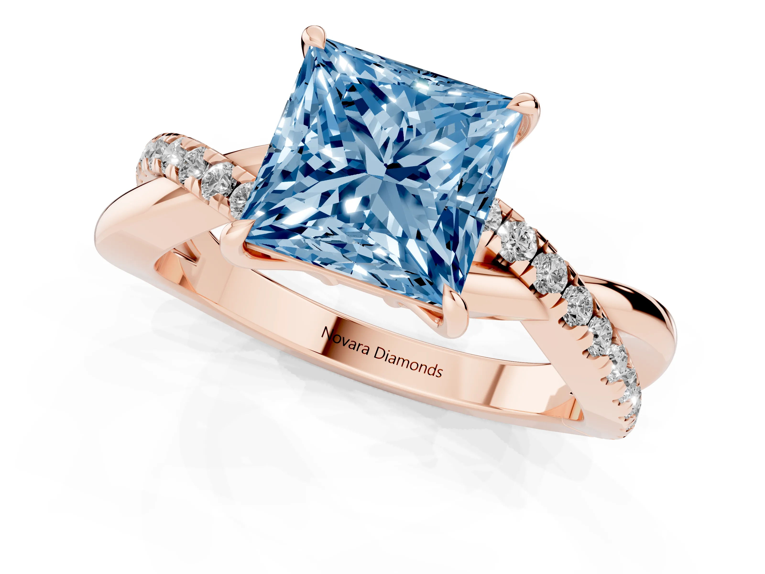 Fancy Blue Princess Cut Diamond Twisted Pavé Band Ring Set in Rose gold with Prong Setting