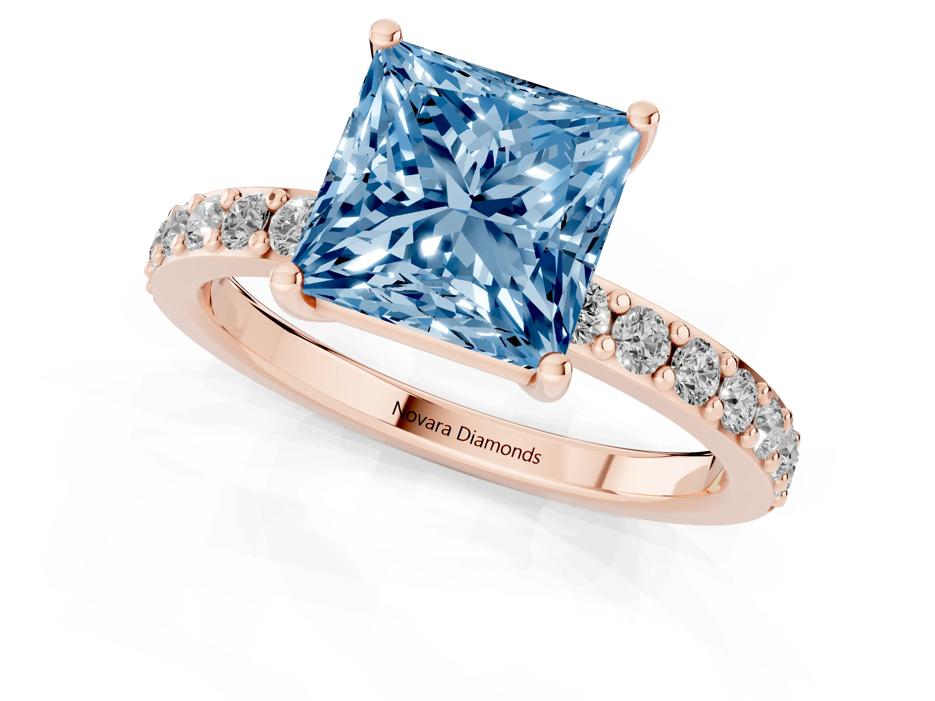 Fancy Blue Princess Cut Diamond Solitaire Set in Rose gold with Round Pavé Band and Prong Setting