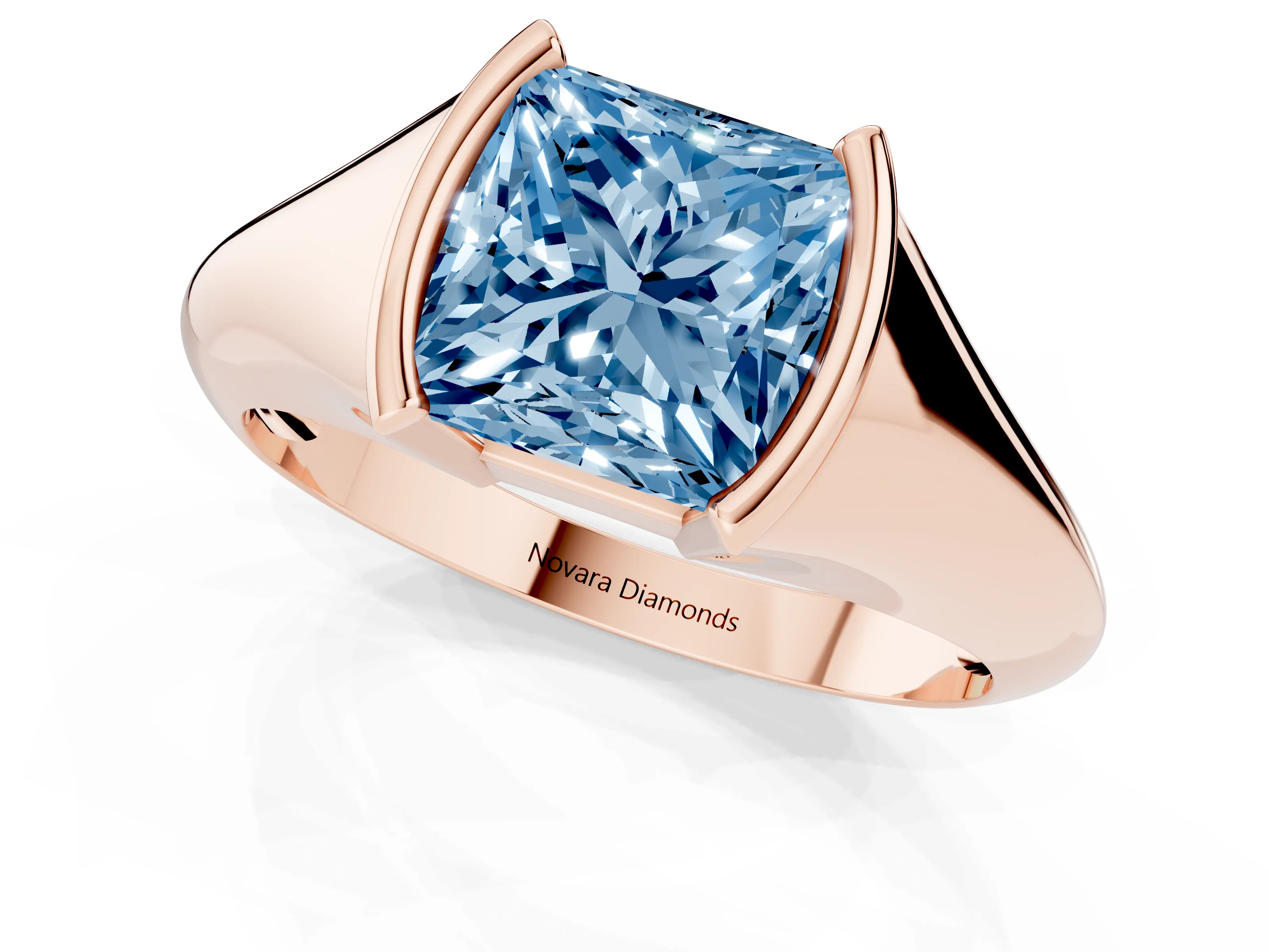 Fancy Blue Princess Cut Diamond Solitaire Tension Set Ring Set in Rose gold