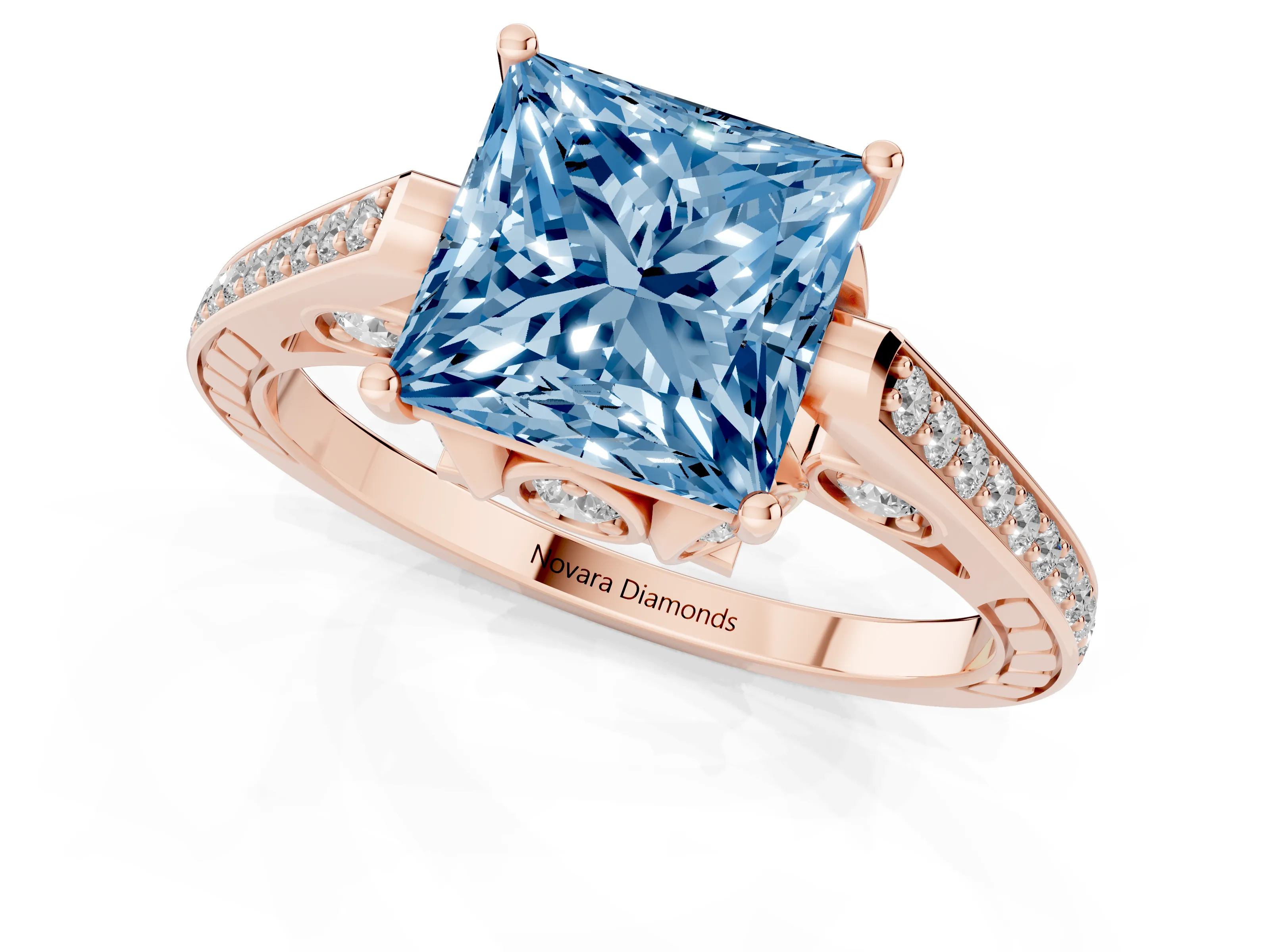 Fancy Blue Princess Cut Diamond Cathedral Pavé Engagement Ring Set in Rose gold with Prong Setting