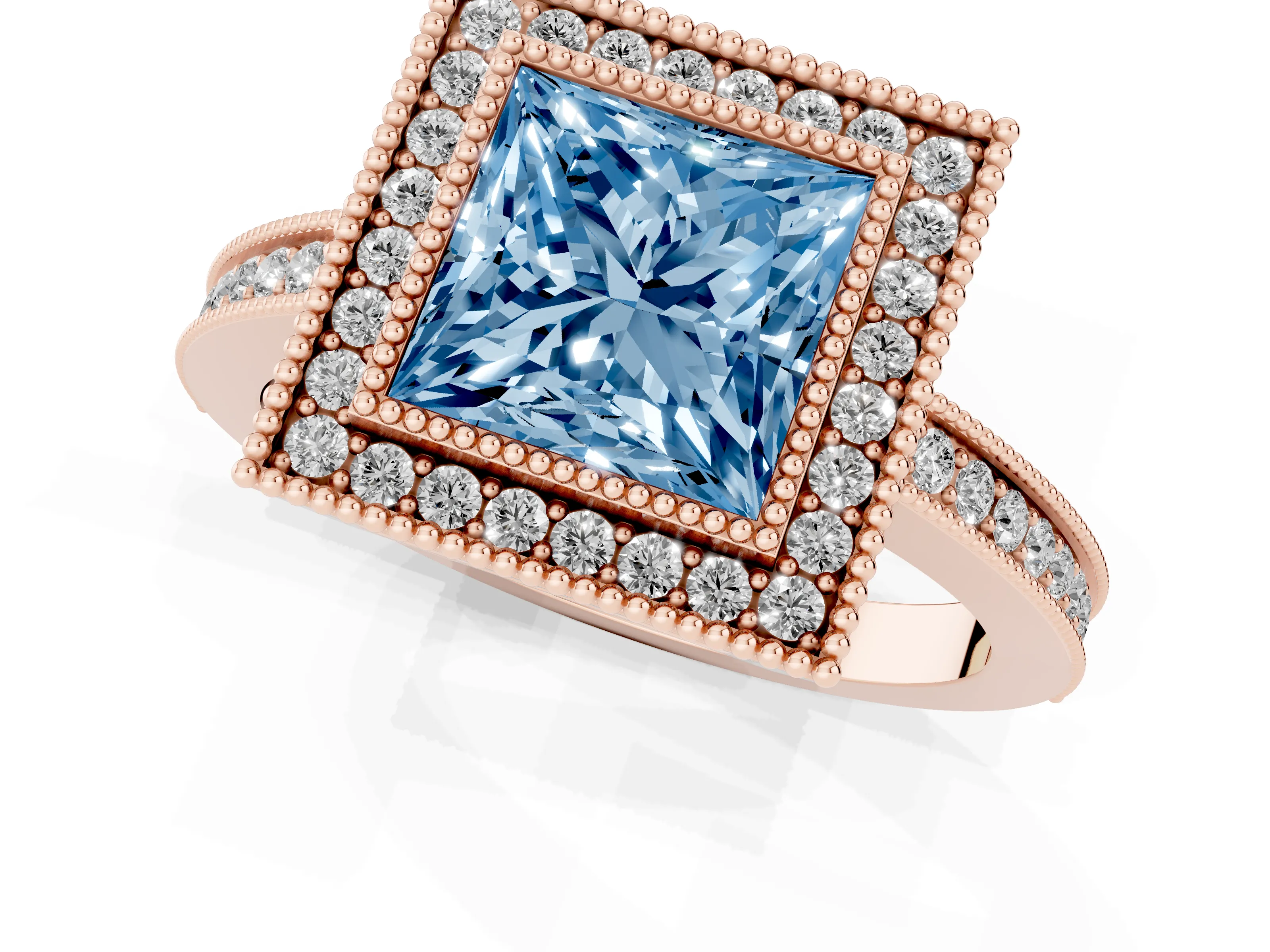 Fancy Blue Princess Cut Diamond Halo Ring Set in Rose gold with Pavé Band and Milgrain-Edged Prongs