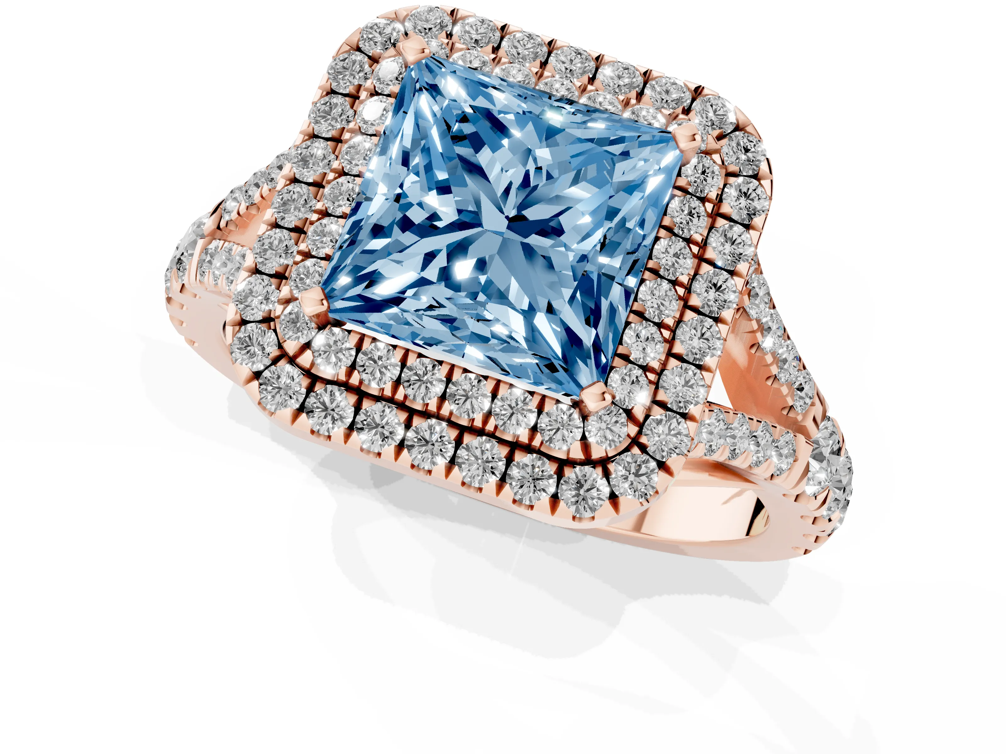 Fancy Blue Princess Cut Diamond Pavé Split Shank Double Halo Engagement Ring Set in Rose gold