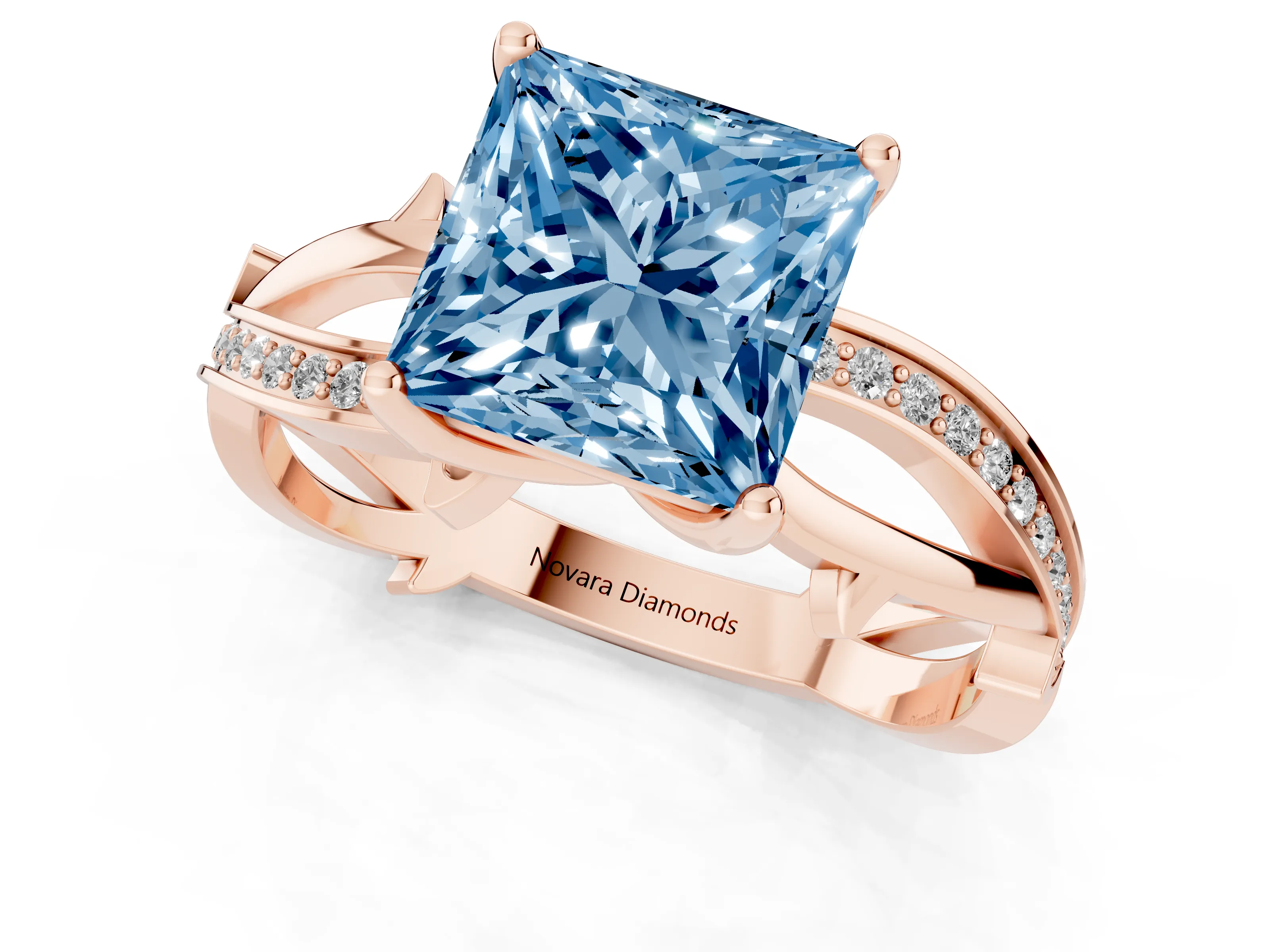 Fancy Blue Princess Cut Diamond Pavé Twist Band Solitaire Ring Set in Rose gold with Prong Setting
