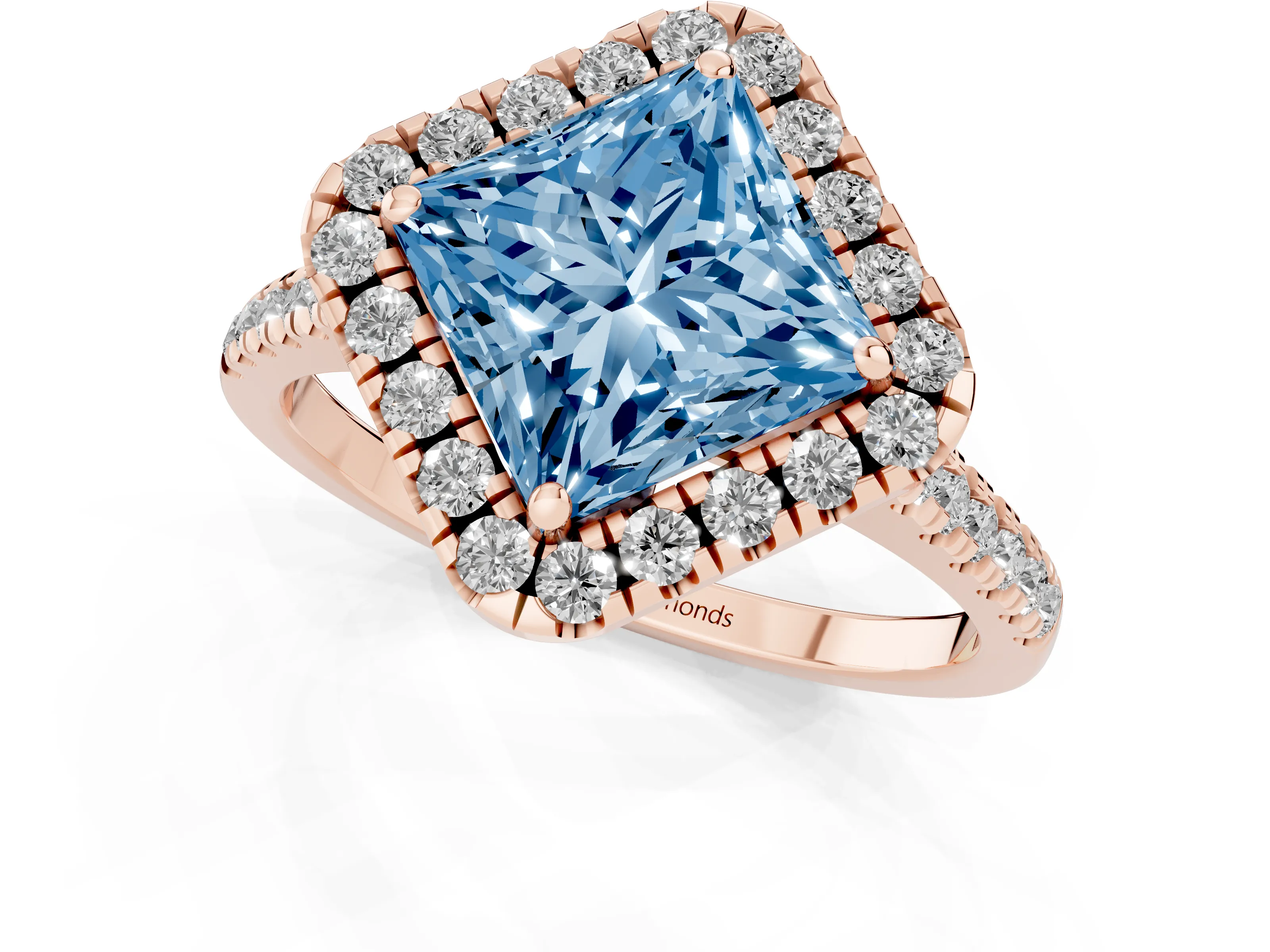 Fancy Blue Princess Cut Diamond Cushion Halo Ring Set in Rose gold with Pavé Band