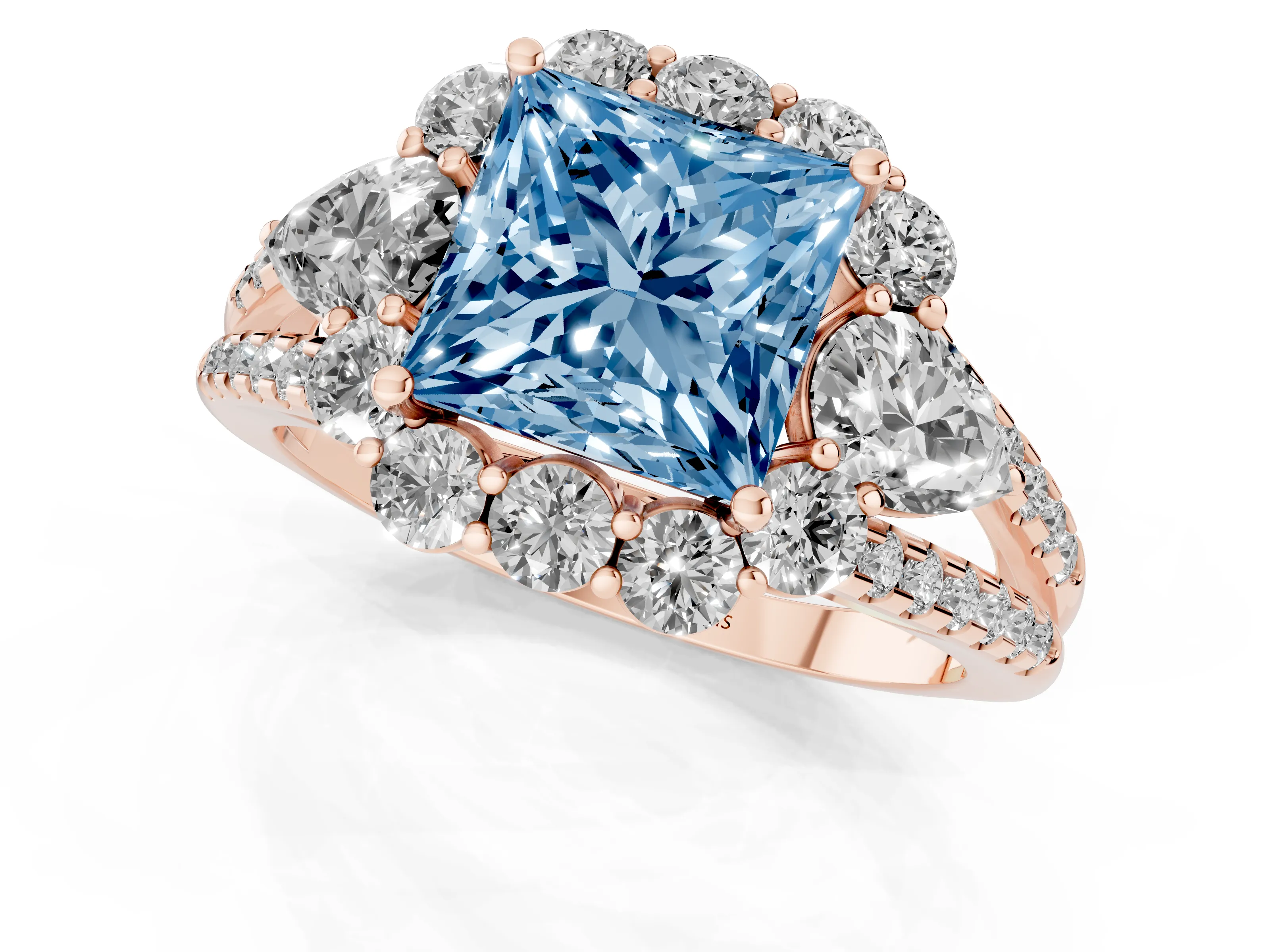 Fancy Blue Princess Cut Diamond Halo Split Shank Engagement Ring Set in Rose gold with Prong-Held Center Stone