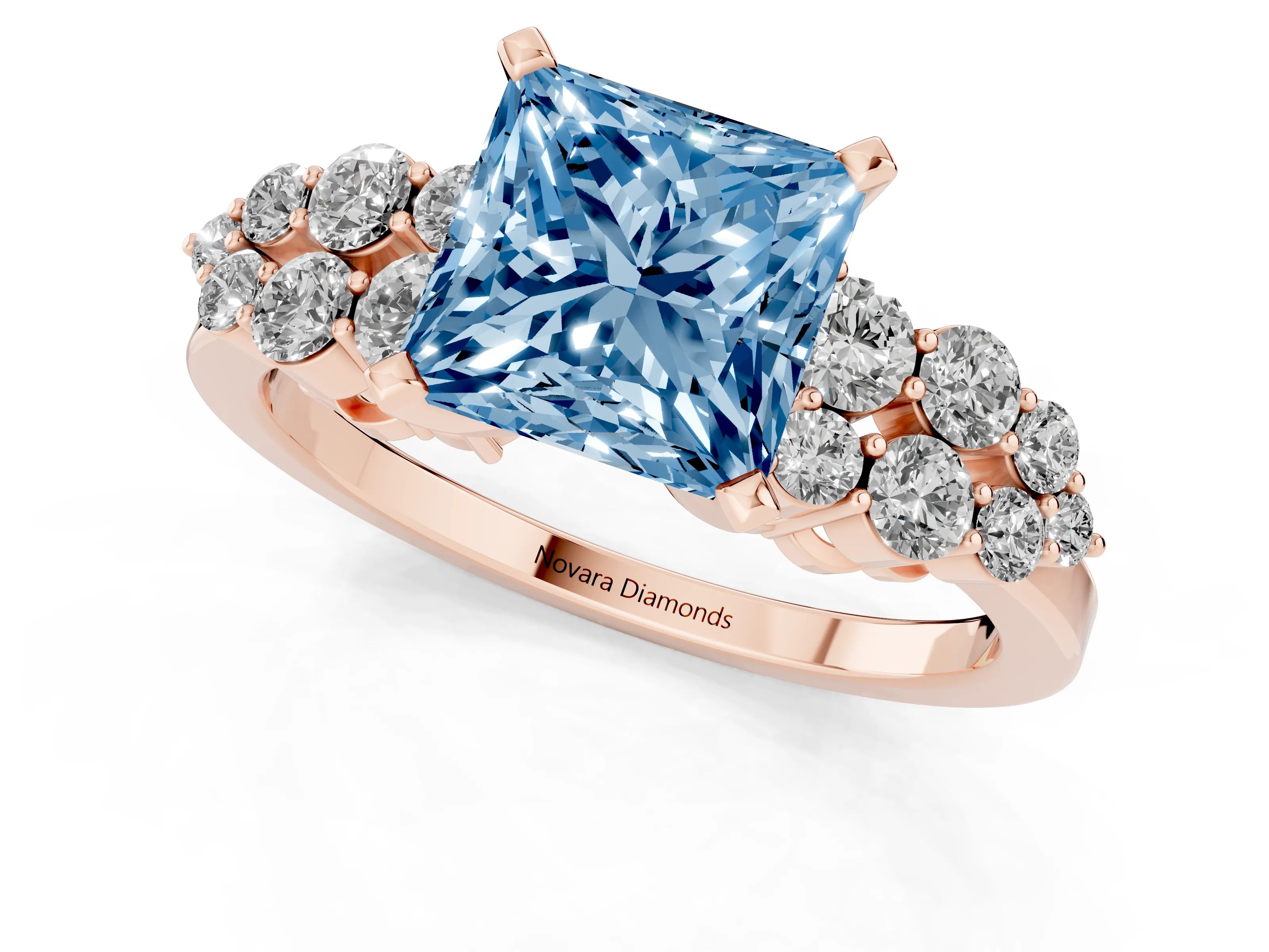 Fancy Blue Princess Cut Diamond Cluster Engagement Ring Set in Rose gold with Pavé Band and Prong Setting