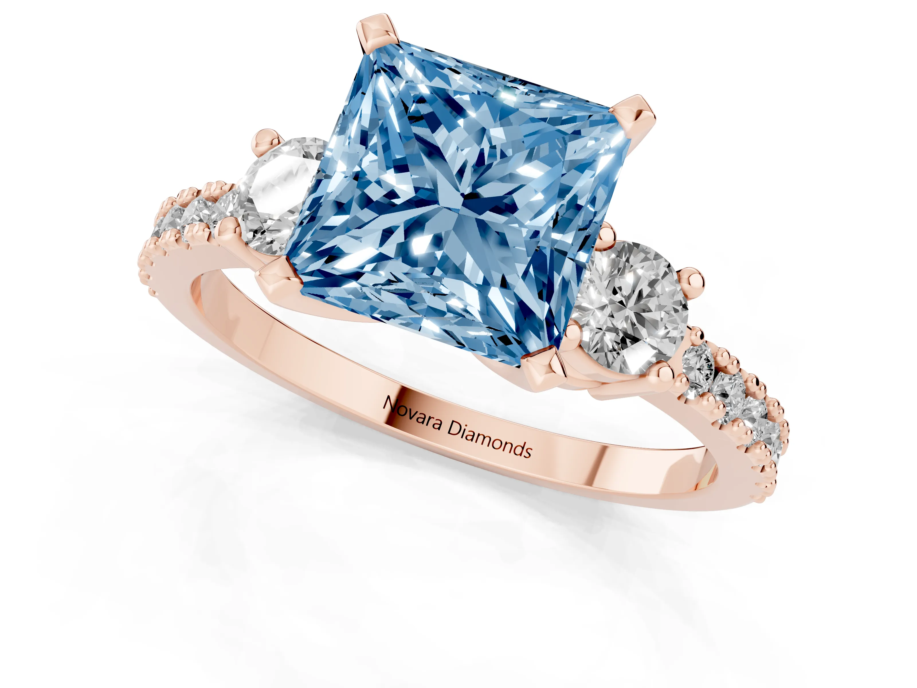 Fancy Blue Three-Stone Princess Cut Diamond Pavé Band Ring Set in Rose gold with Prong Setting