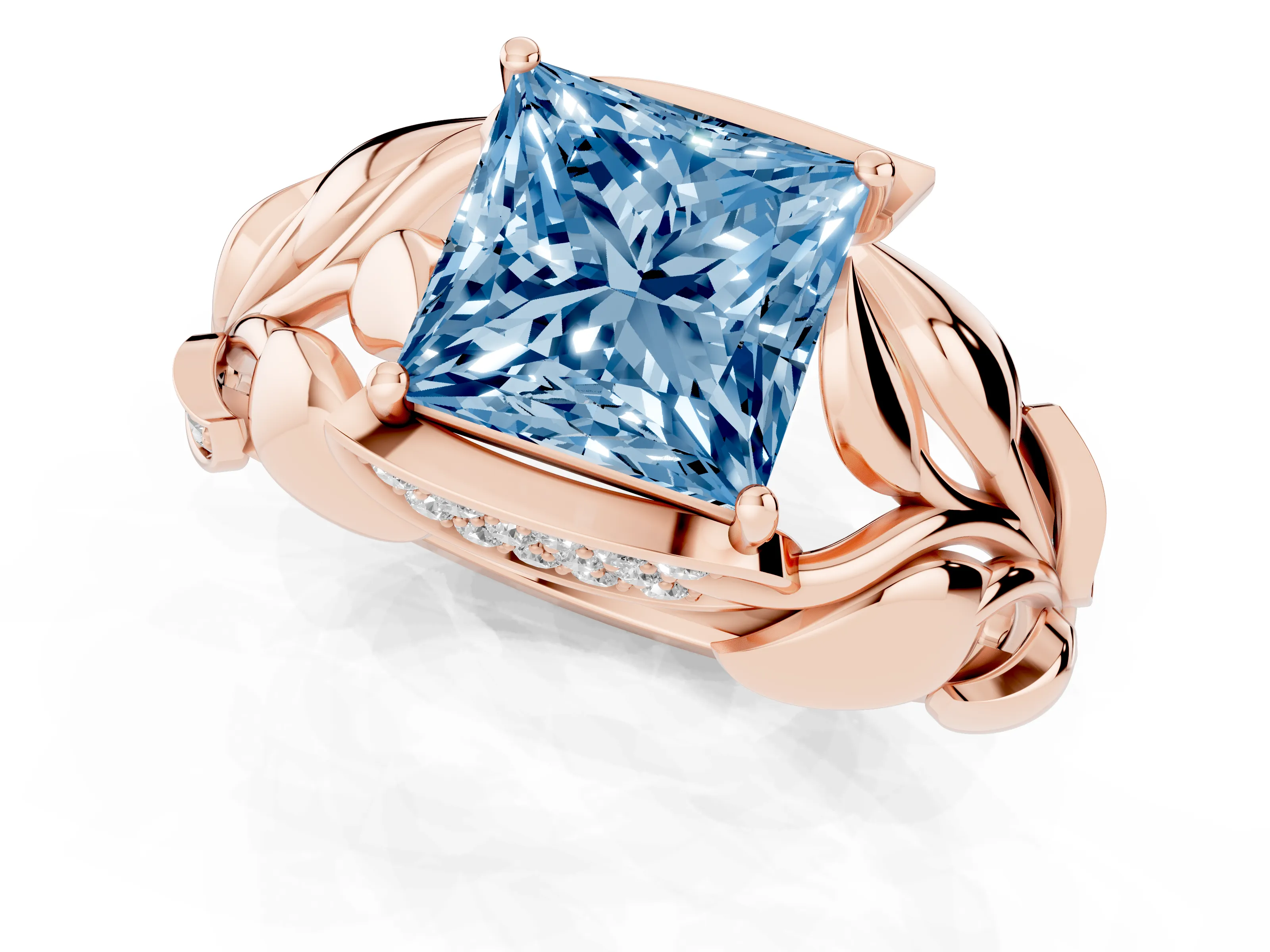 Fancy Blue Princess Cut Diamond Leaf-Inspired Engagement Ring Set in Rose gold with Round Accents