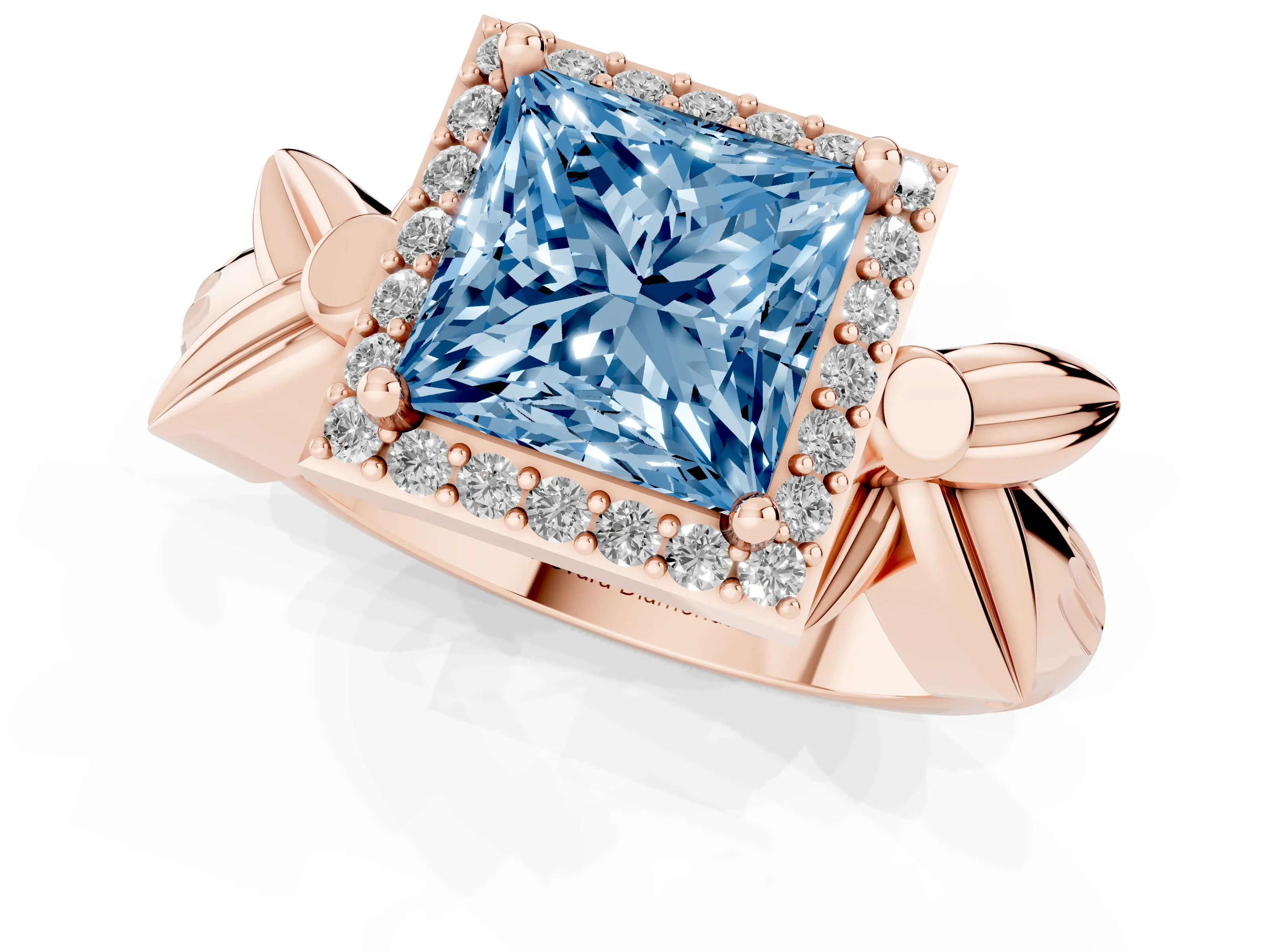 Fancy Blue Princess Cut Diamond Halo Floral Band Ring Set in Rose gold with Prong Setting