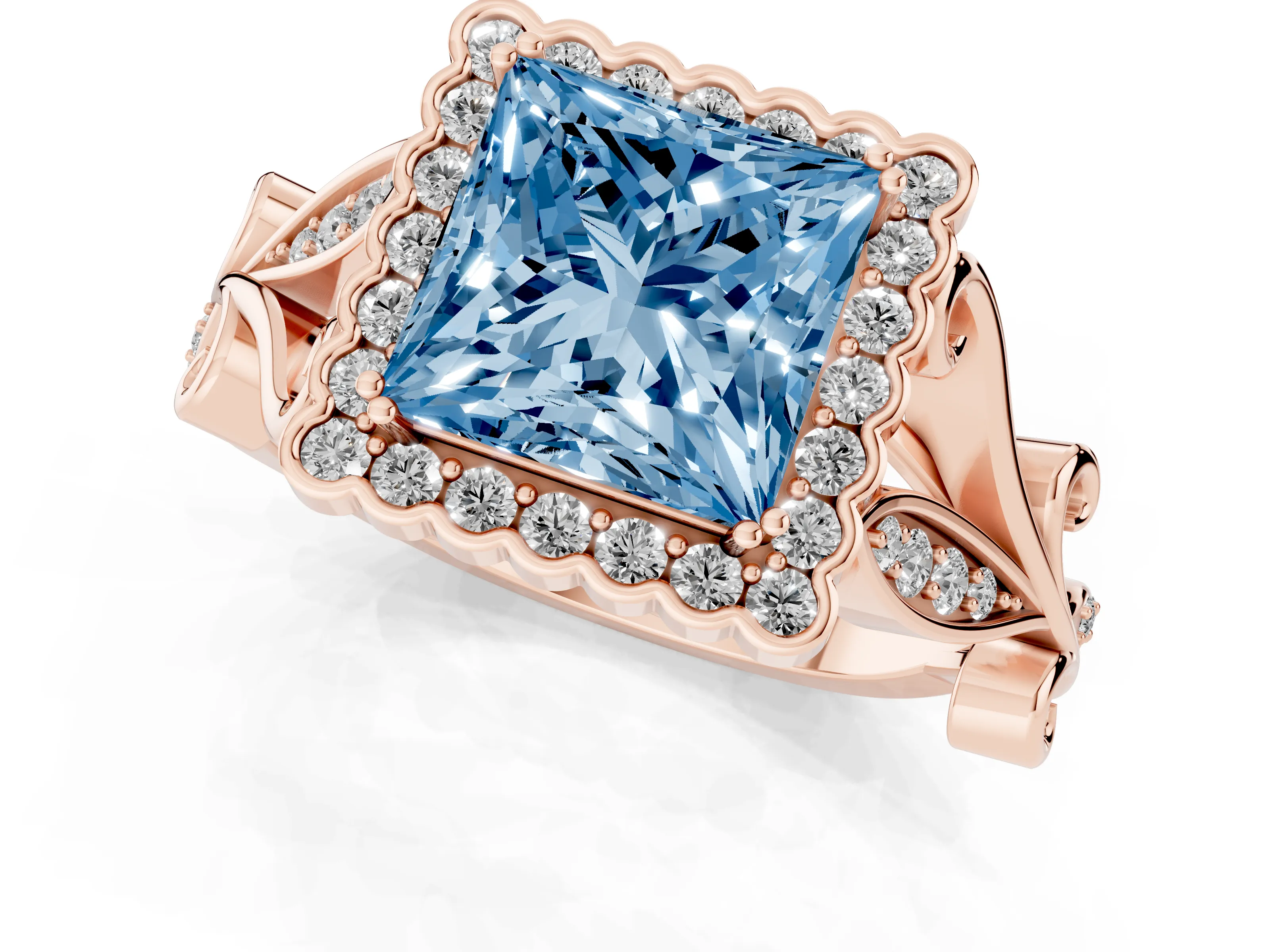 Fancy Blue Princess Cut Diamond Halo Ring Set in Rose gold with Leaf Motif Split Shank and Prong Setting