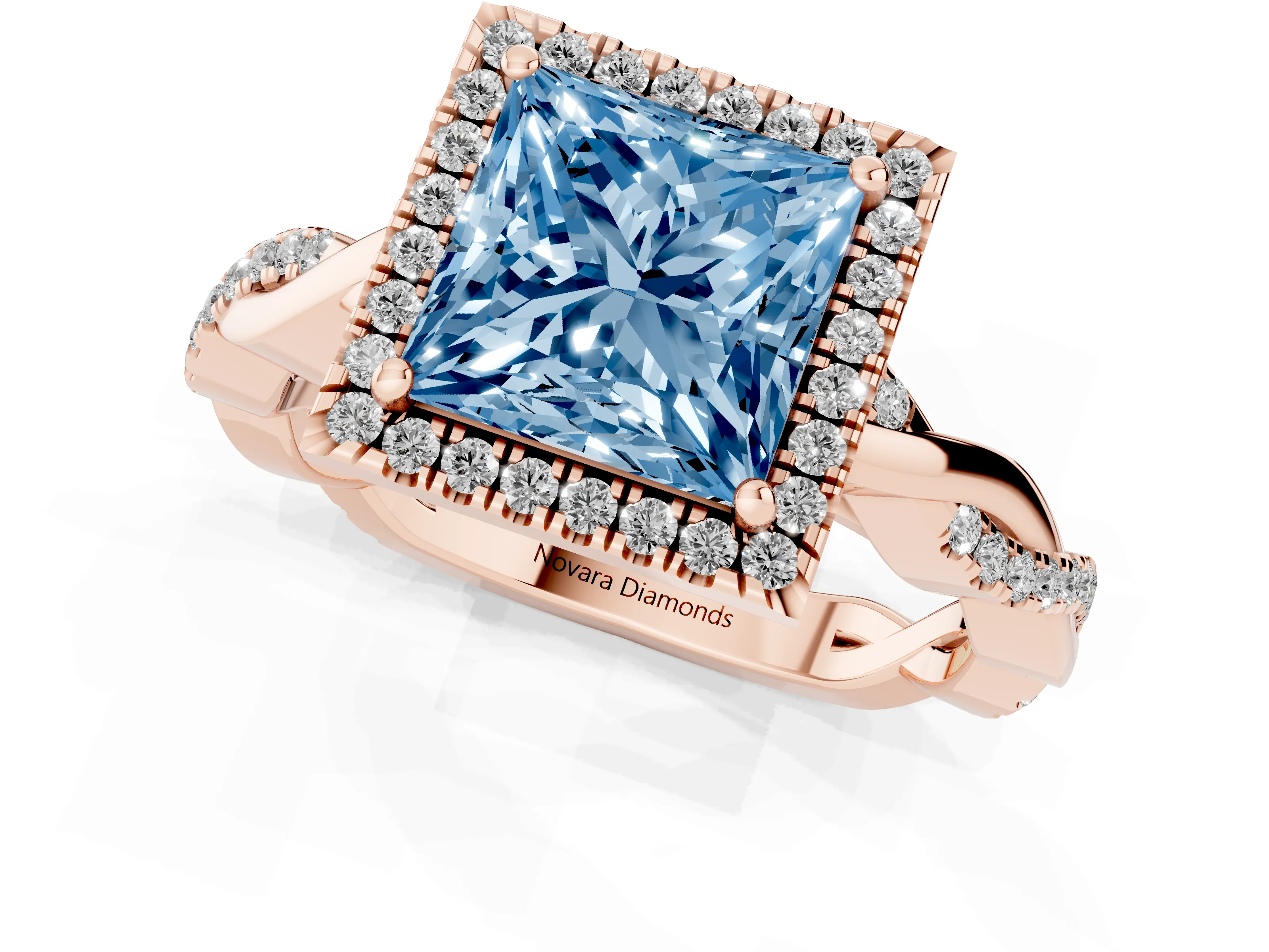 Fancy Blue Princess Cut Diamond Halo Twisted Band Ring Set in Rose gold with Prong Setting