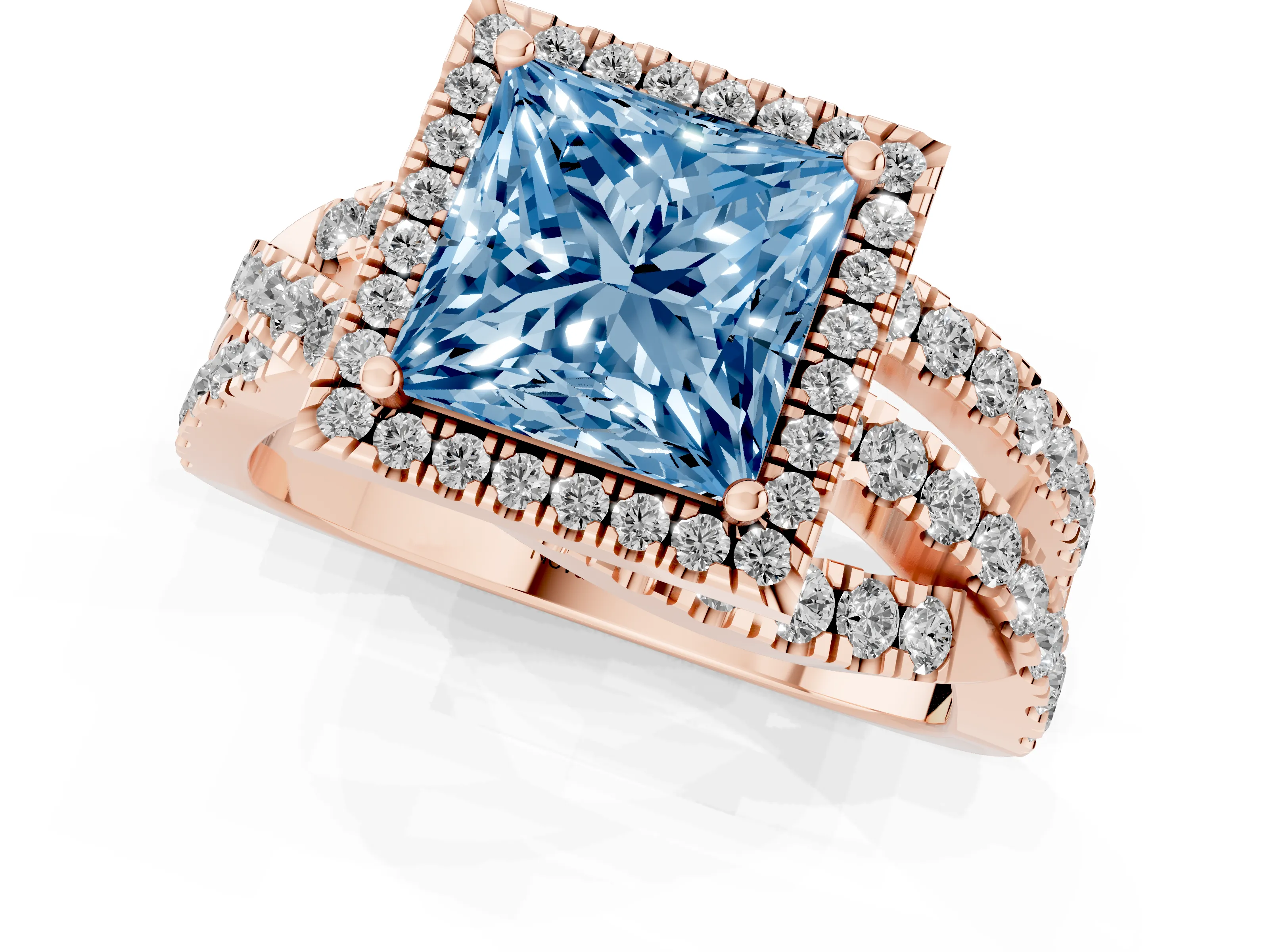 Fancy Blue Princess Cut Diamond Halo Ring Set in Rose gold with Round Crossover Split Shank and Prong Setting