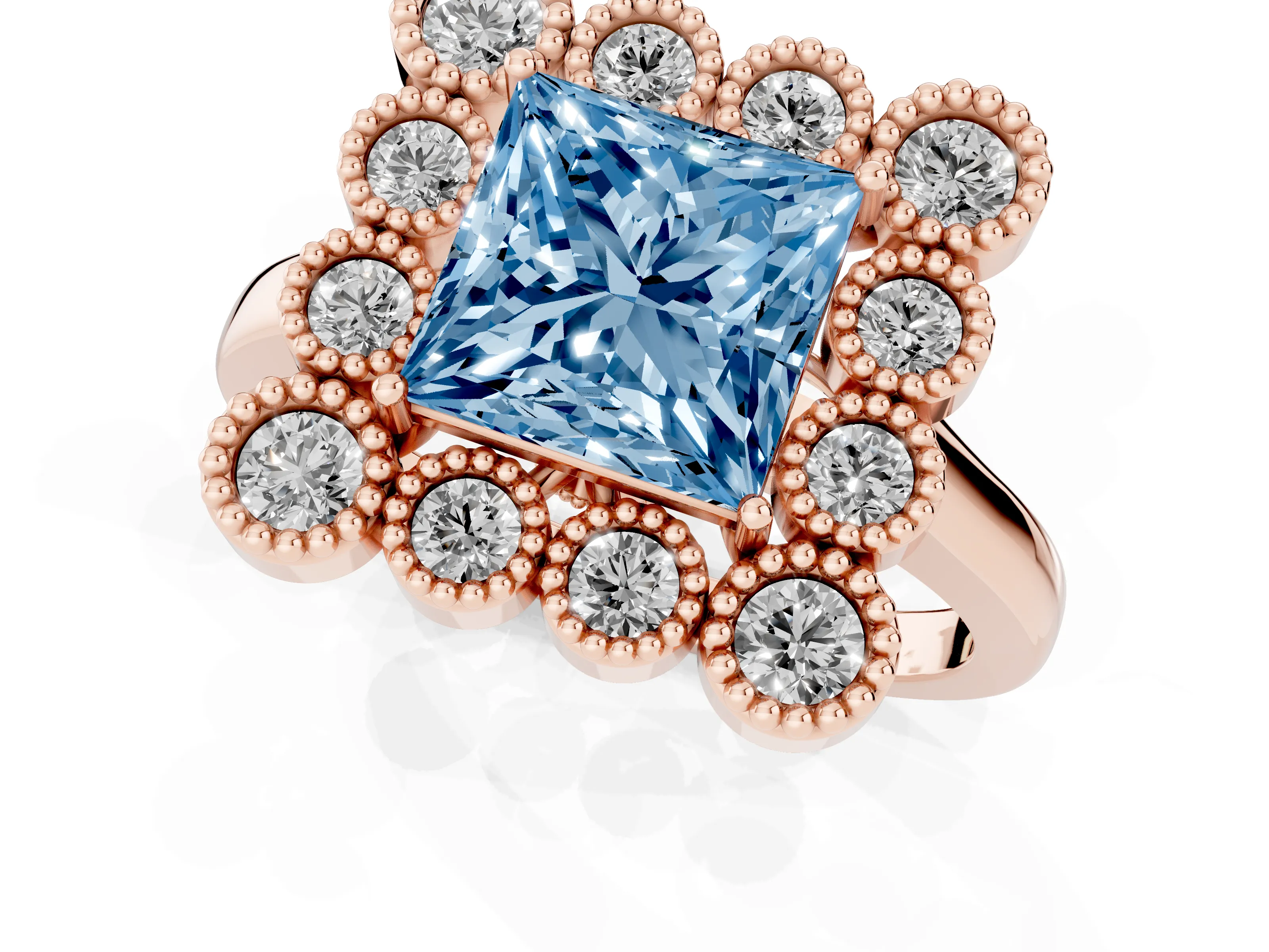 Fancy Blue Princess Cut Diamond Cluster Halo Ring Set in Rose gold with Milgrain Bezel Accents and Plain Band