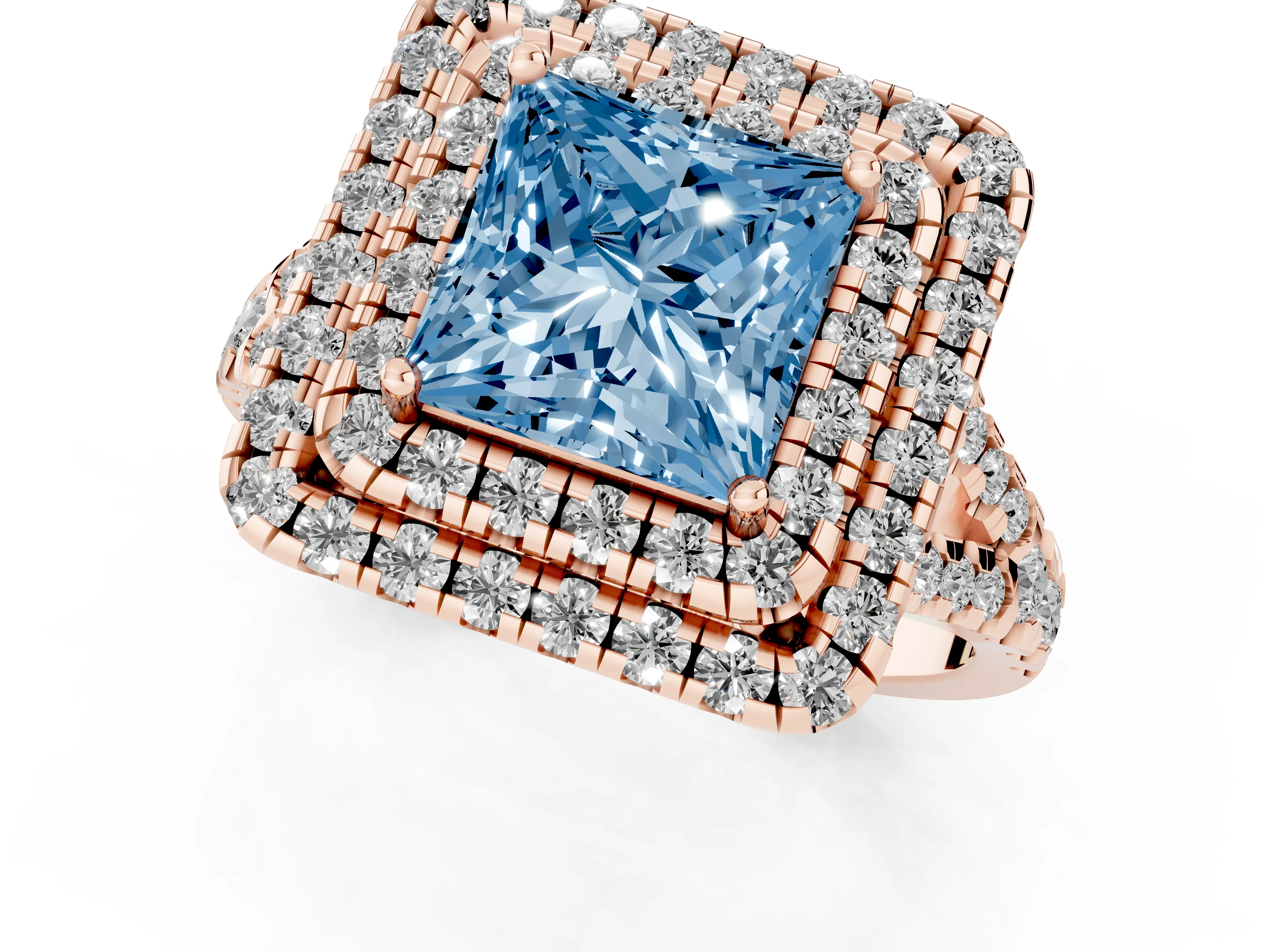 Fancy Blue Princess Cut Diamond Double Halo Ring Set in Rose gold with Pavé Split Shank and Prong Setting
