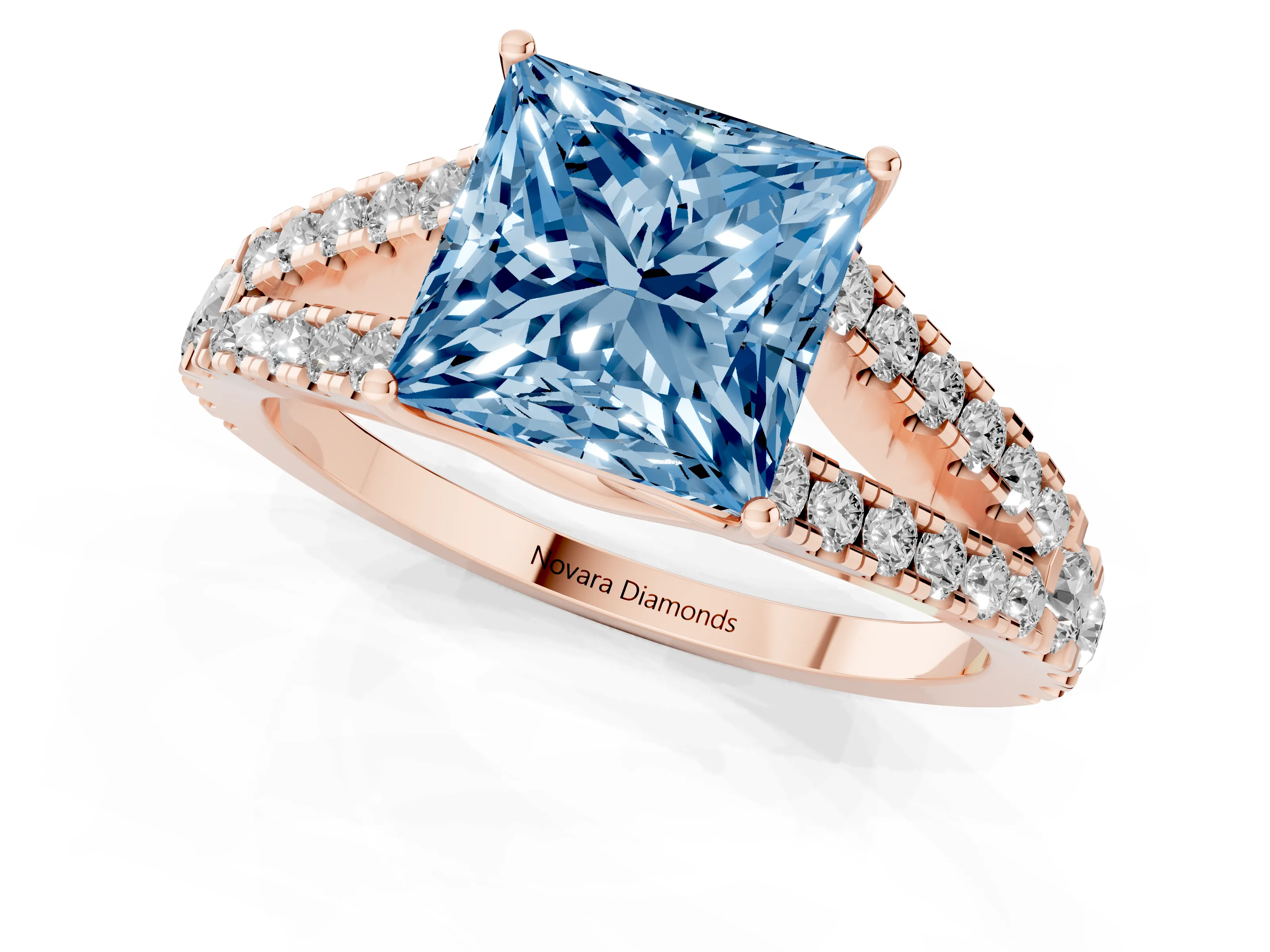 Fancy Blue Princess Cut Diamond Split Shank Pavé Engagement Ring Set in Rose gold with Prong-Held Center Stone