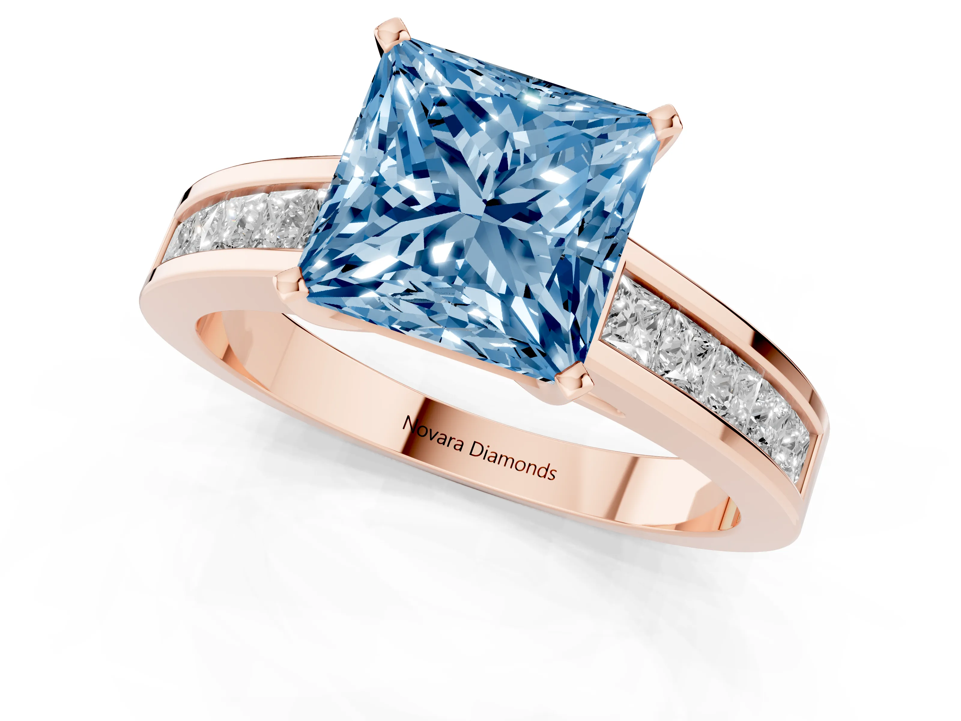 Fancy Blue Princess Cut Diamond Solitaire Ring Set in Rose gold with Channel-Set Band and Prong Setting